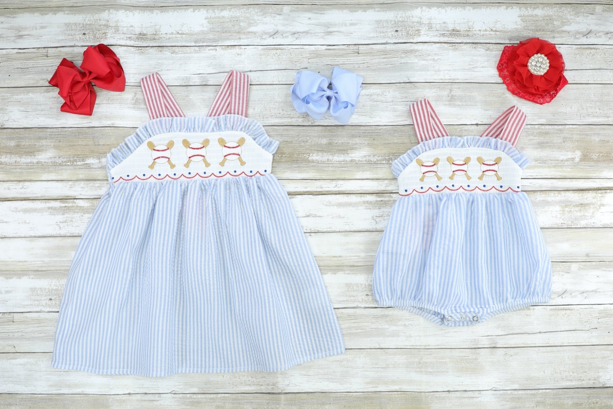 Blue Pinstriped Baseball Dress - Marie Nicole Clothing