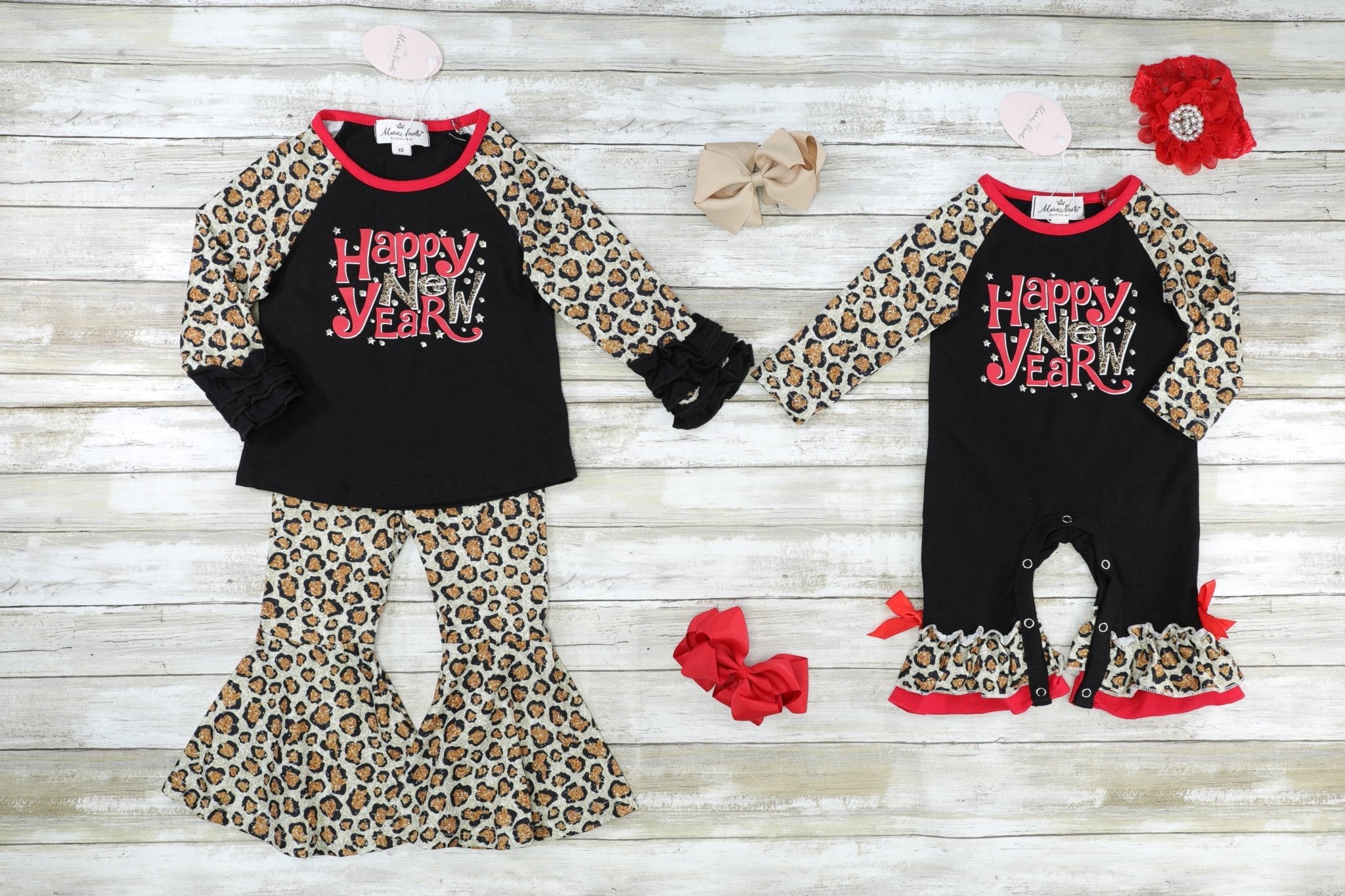 "Happy New Year" Leopard Raglan Ruffle Romper - Marie Nicole Clothing