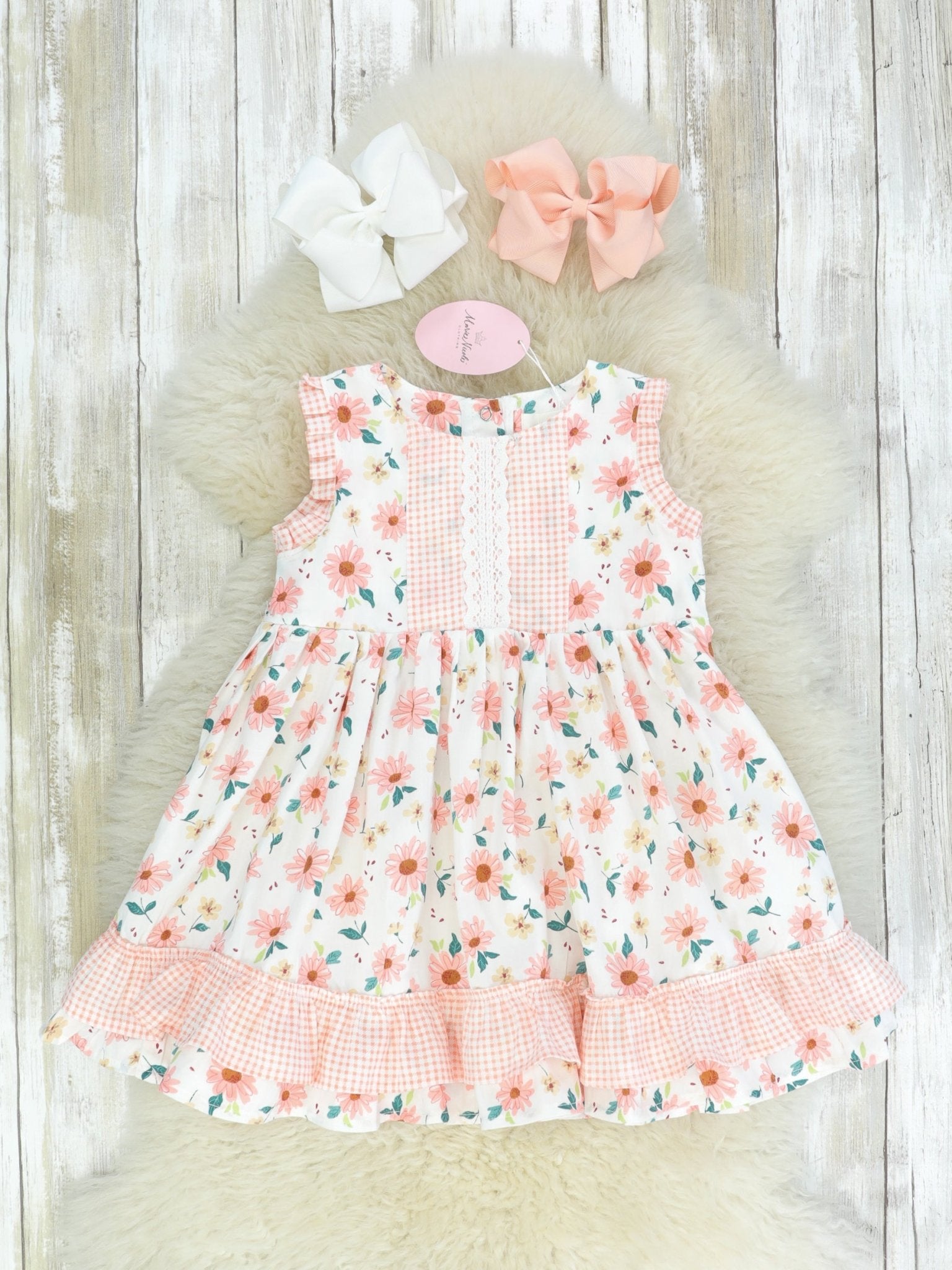 Pink Zinnia & Checked Ruffle Dress - Marie Nicole Clothing
