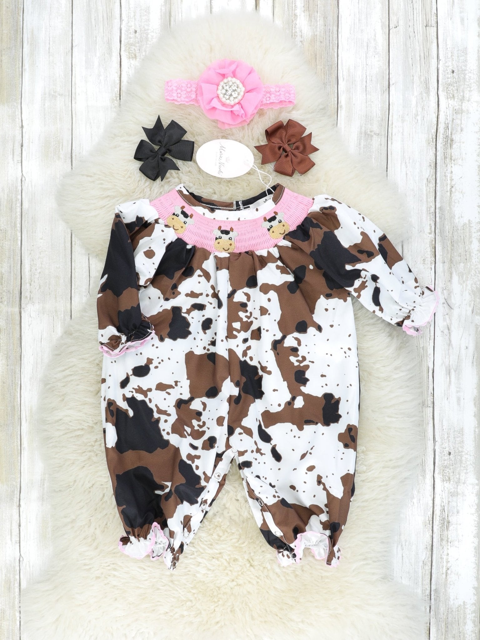 Pink Smocked Cow Print Romper - Marie Nicole Clothing
