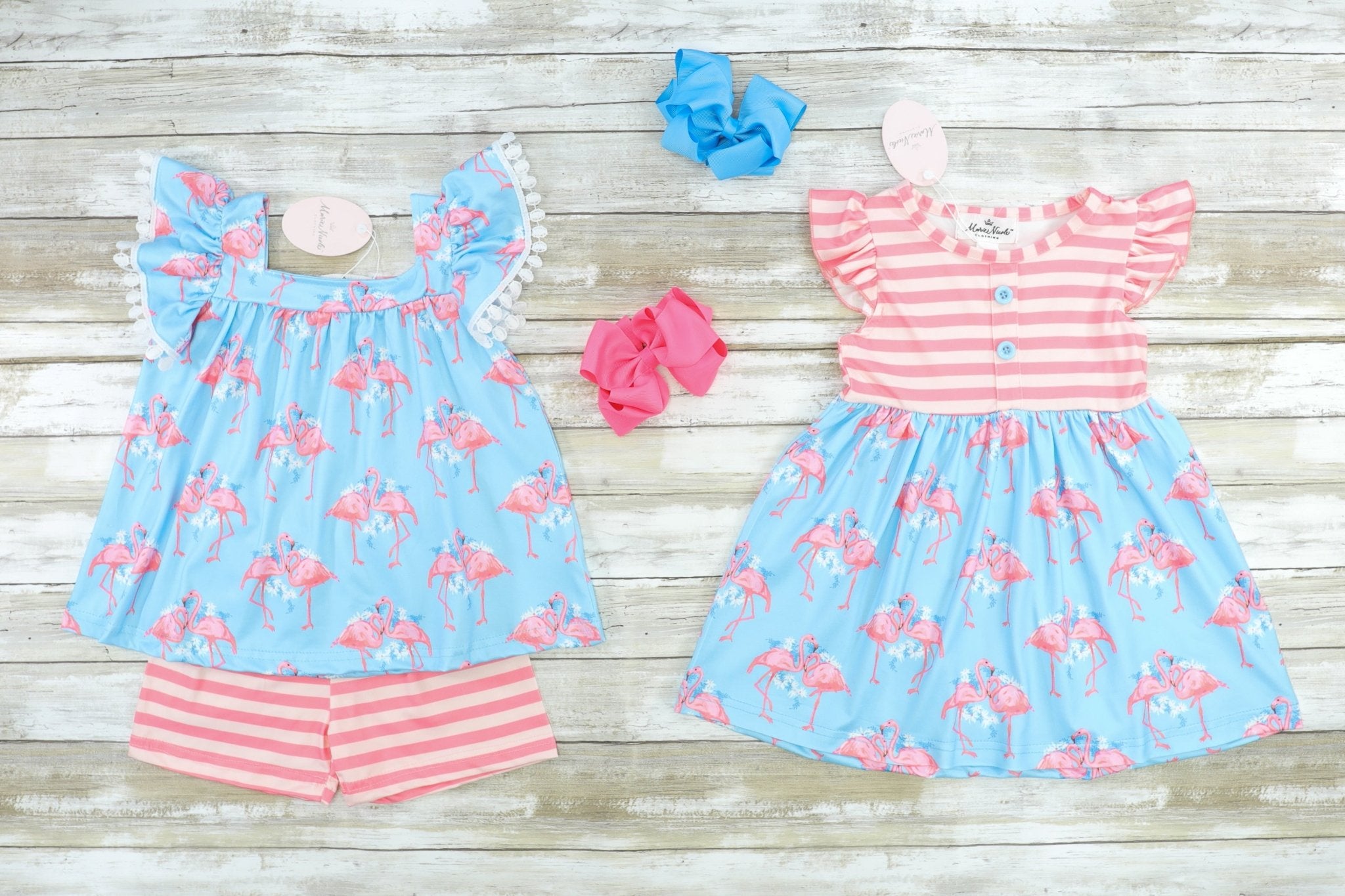 Pink & Blue Flamingo Flutter Sleeve Floral Dress - Marie Nicole Clothing