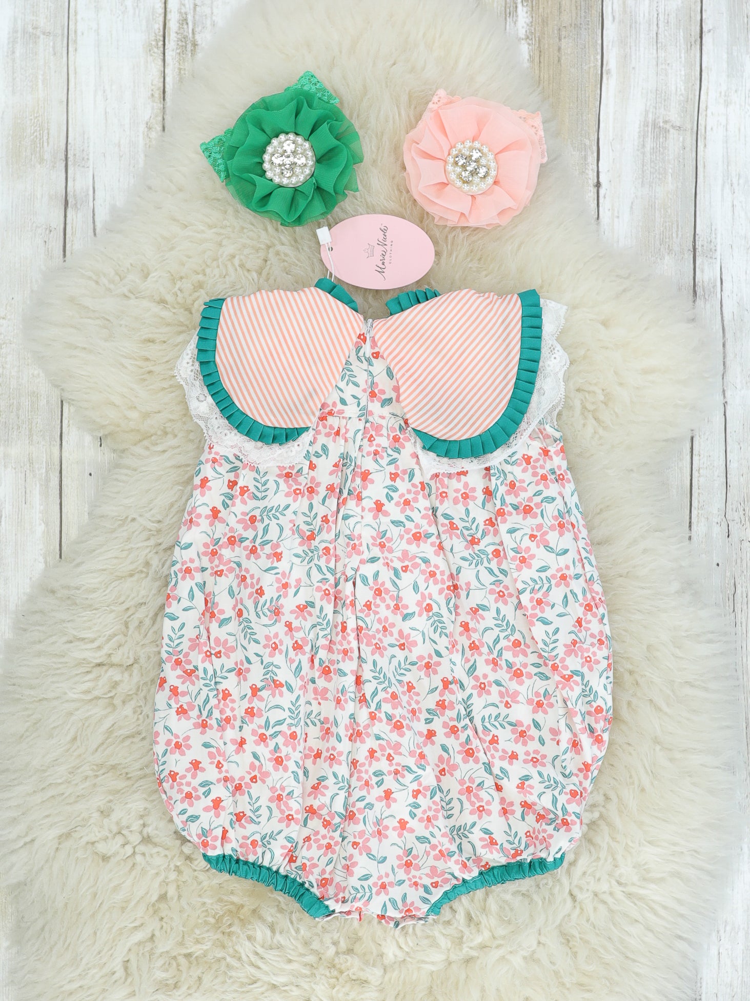 Pink & Green Floral Bow Bubble Romper - Marie Nicole Clothing