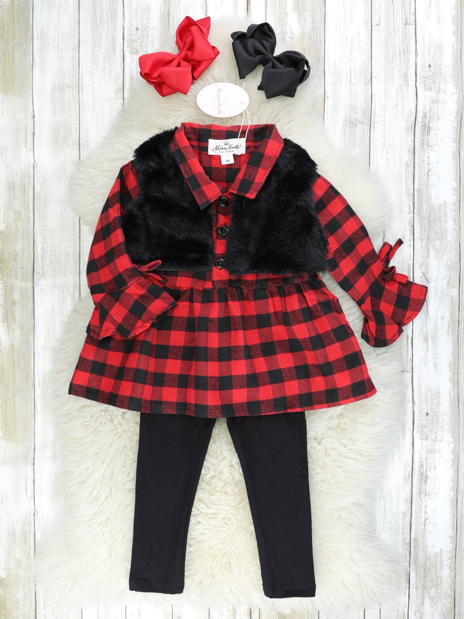Red Gingham Ruffle Tunic W/ Fur Vest & Black Bottoms Outfit - Marie Nicole Clothing