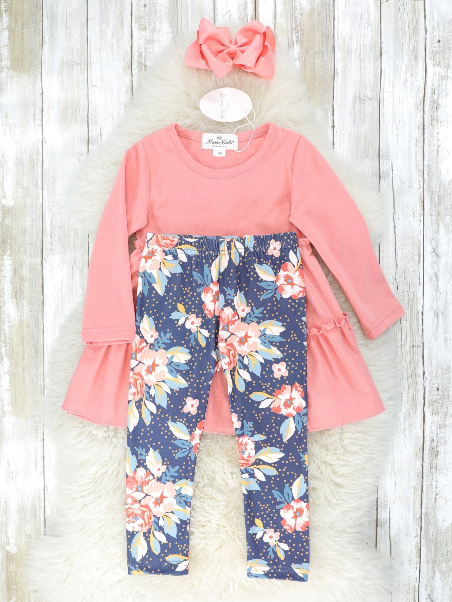 Salmon Pink Tiered Top & Floral Bottoms w/ Scarf - Marie Nicole Clothing