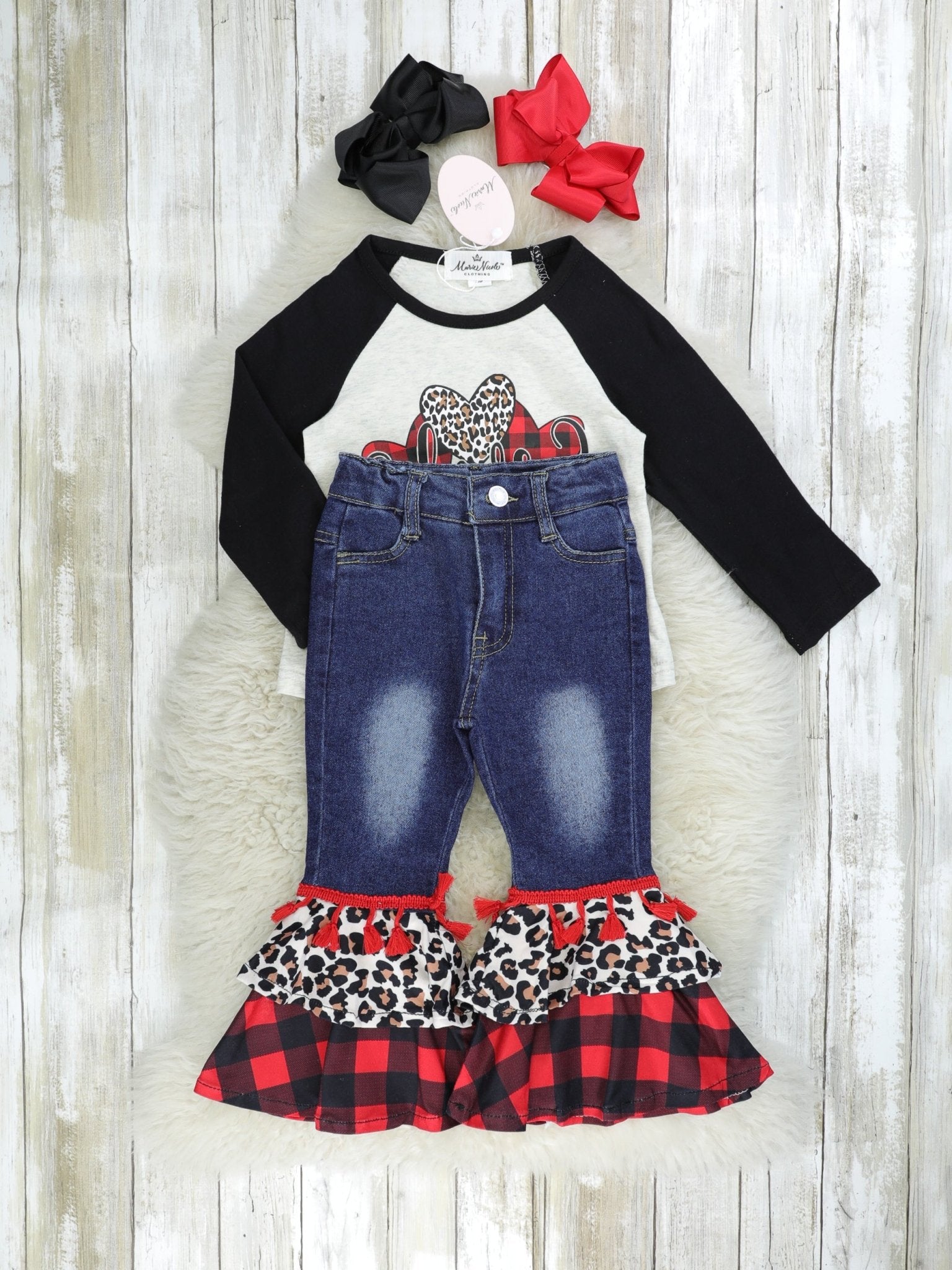 Buffalo Plaid "Love" Raglan & Denim Bell Bottom Outfit - Marie Nicole Clothing