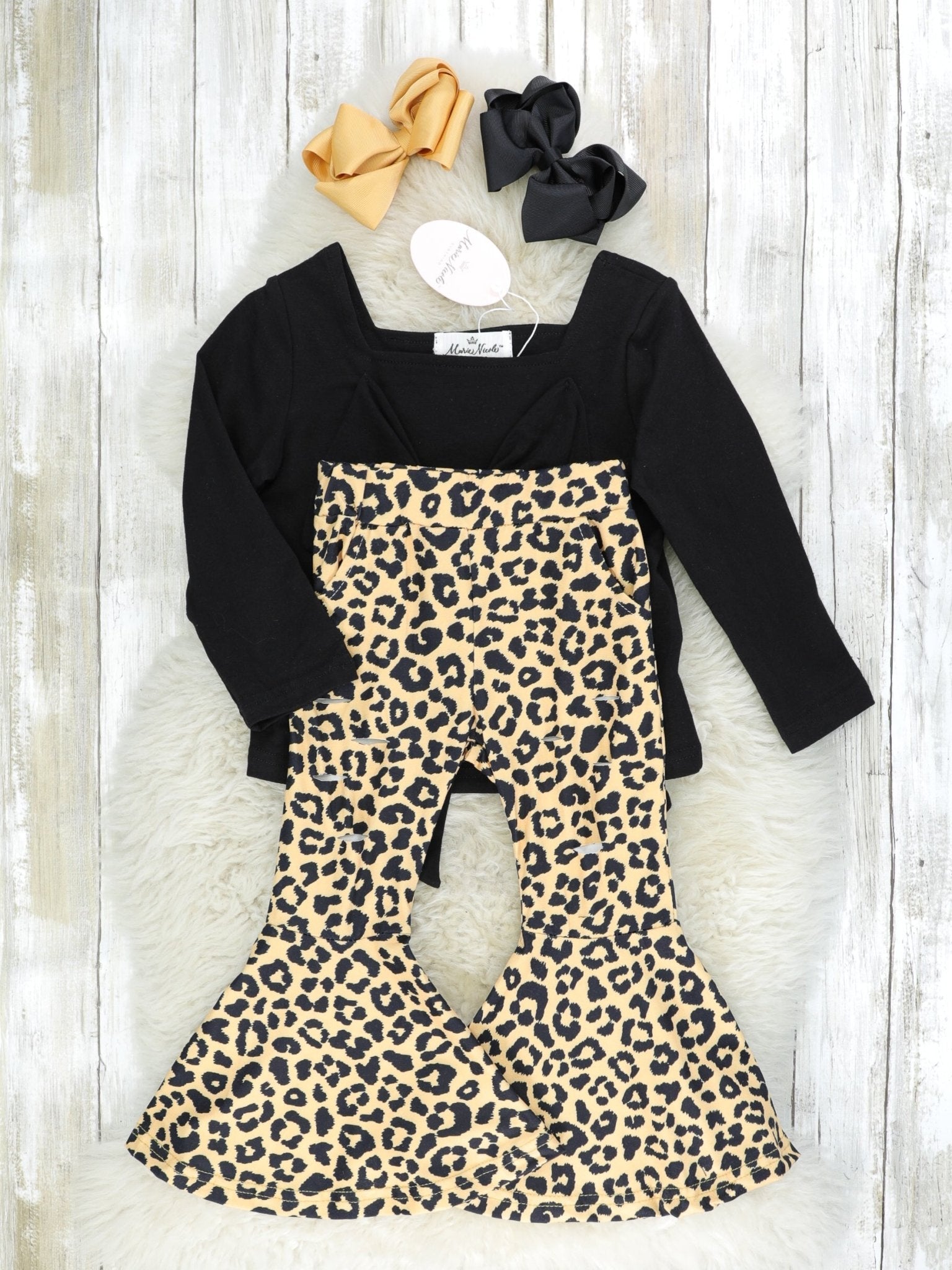 Black Bow Top & Leopard Bell Bottoms Outfit - Marie Nicole Clothing