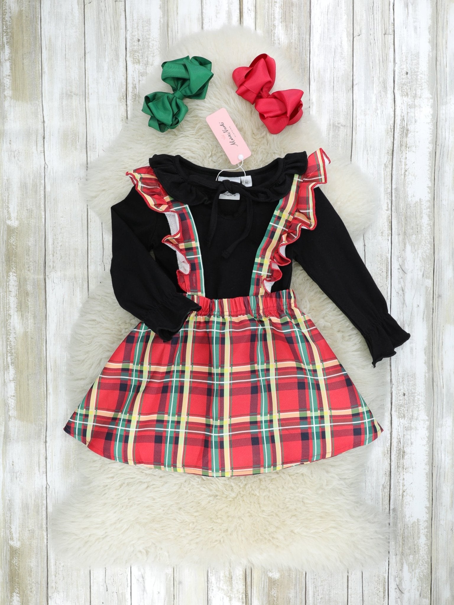 Red & Yellow Plaid Overall Dress Set - Marie Nicole Clothing
