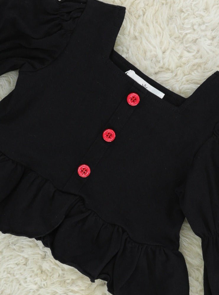Black Puff Sleeve Top & Santa Bell Bottoms Outfit - Marie Nicole Clothing