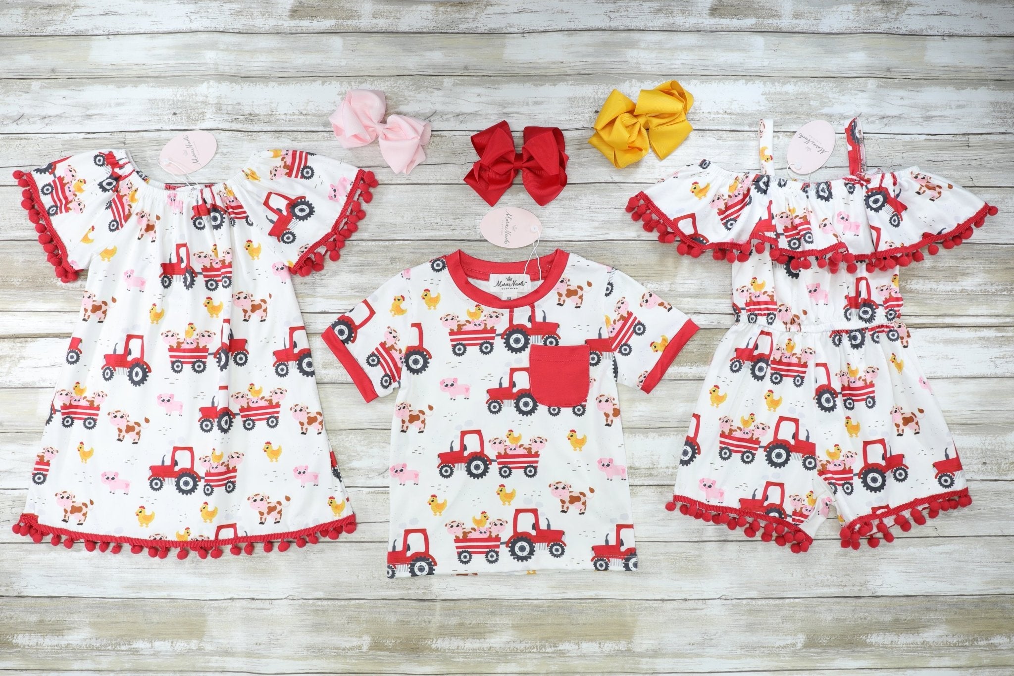 Red Farm Tractor Pom Pom Romper - Marie Nicole Clothing