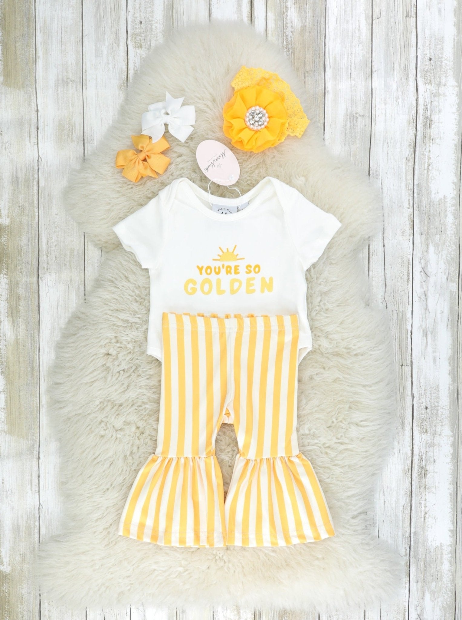 "Golden" Onesie & Striped Bell Bottoms Outfit - Marie Nicole Clothing