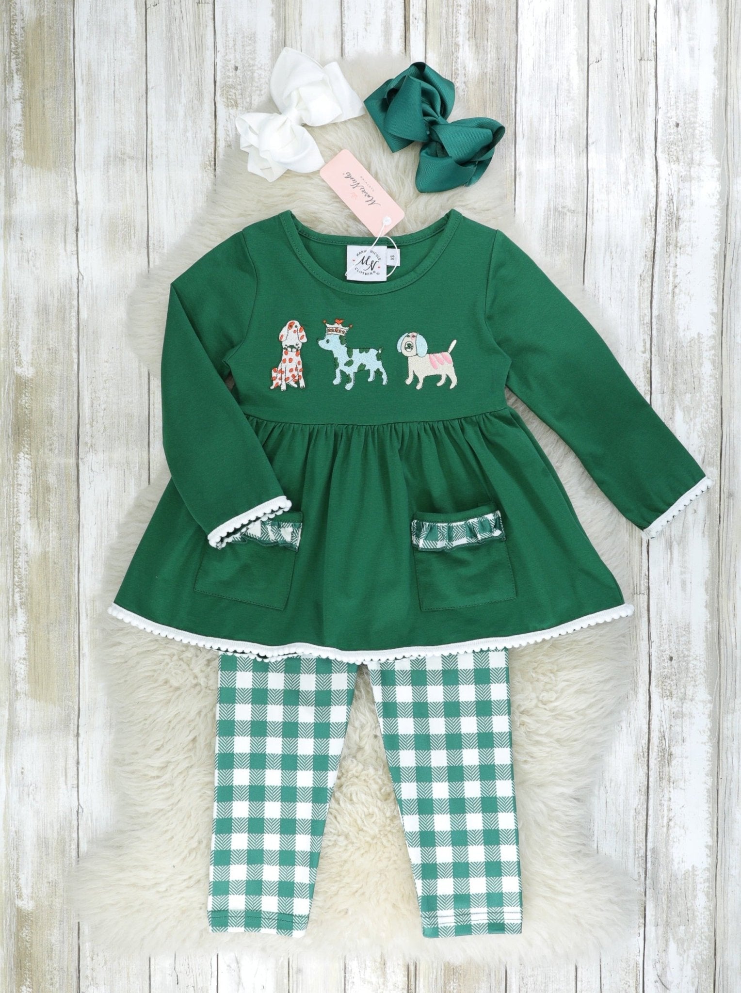 MNC Royal Pups™ Green Gingham Pocket Outfit - Marie Nicole Clothing