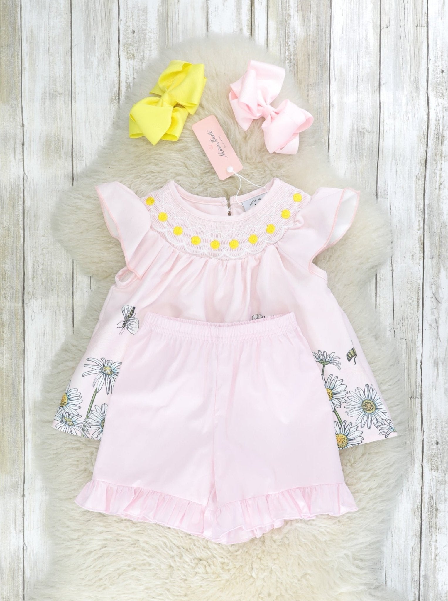 Pink Smocked Daisy Ruffle Outfit - Marie Nicole Clothing