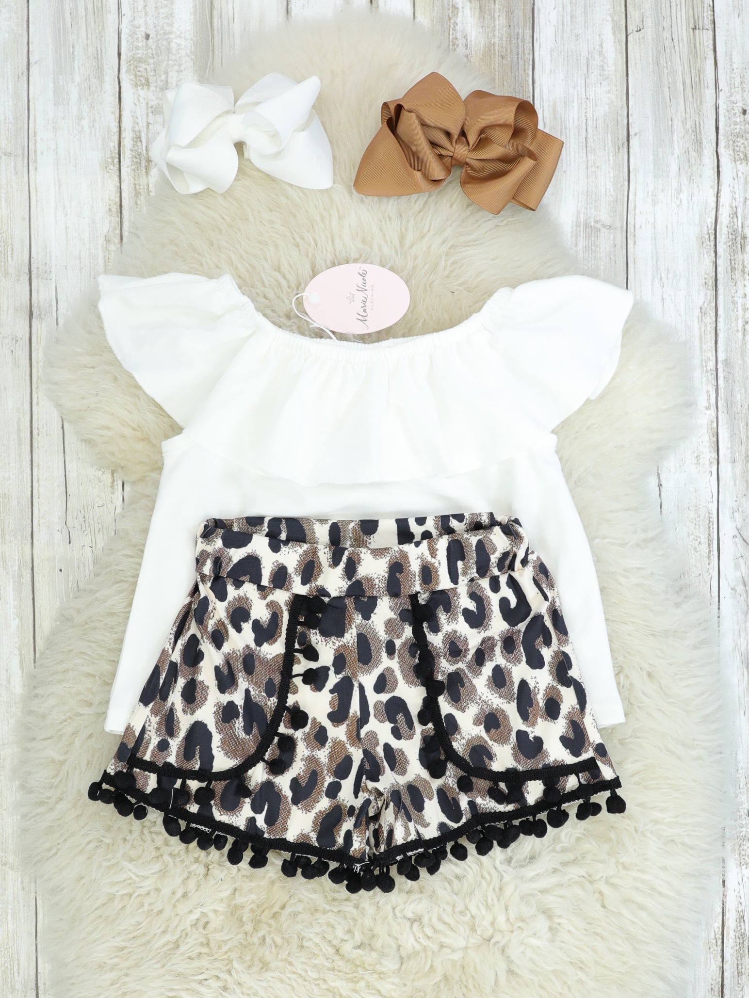 White Ruffle Top & Leopard Shorts Outfit - Marie Nicole Clothing