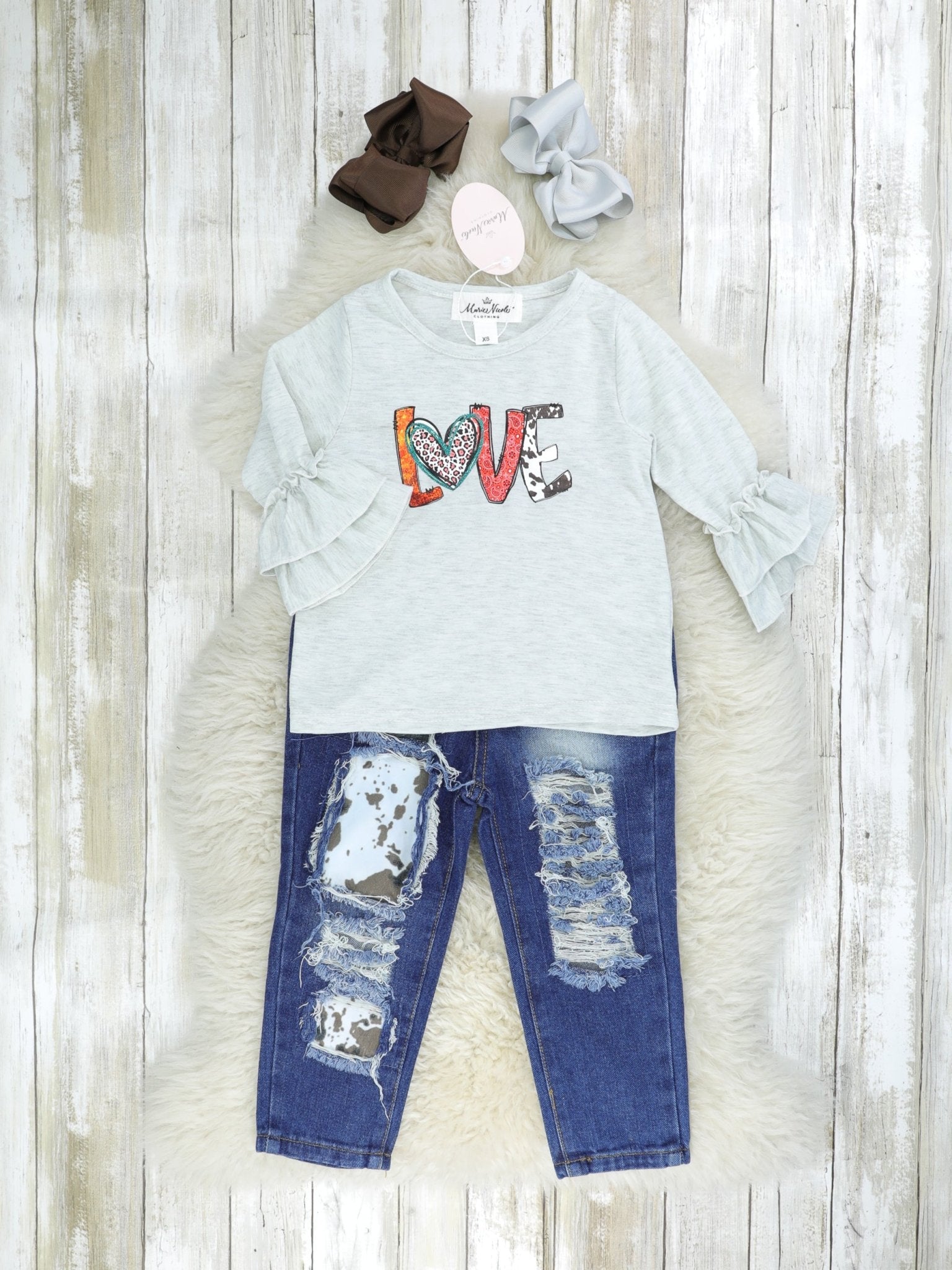 "LOVE" Cow Print Denim Outfit - Marie Nicole Clothing