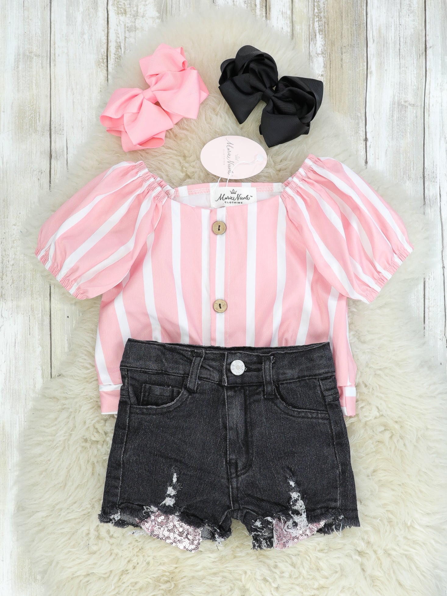 Pink Striped Top & Denim Shorts Outfit - Marie Nicole Clothing