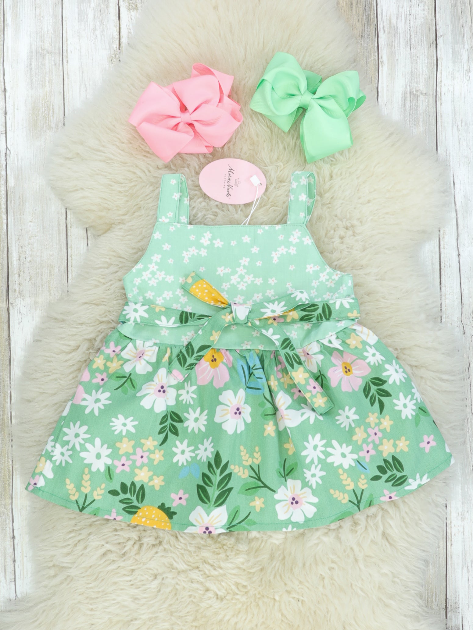 Green & Pink Floral Apron Dress - Marie Nicole Clothing