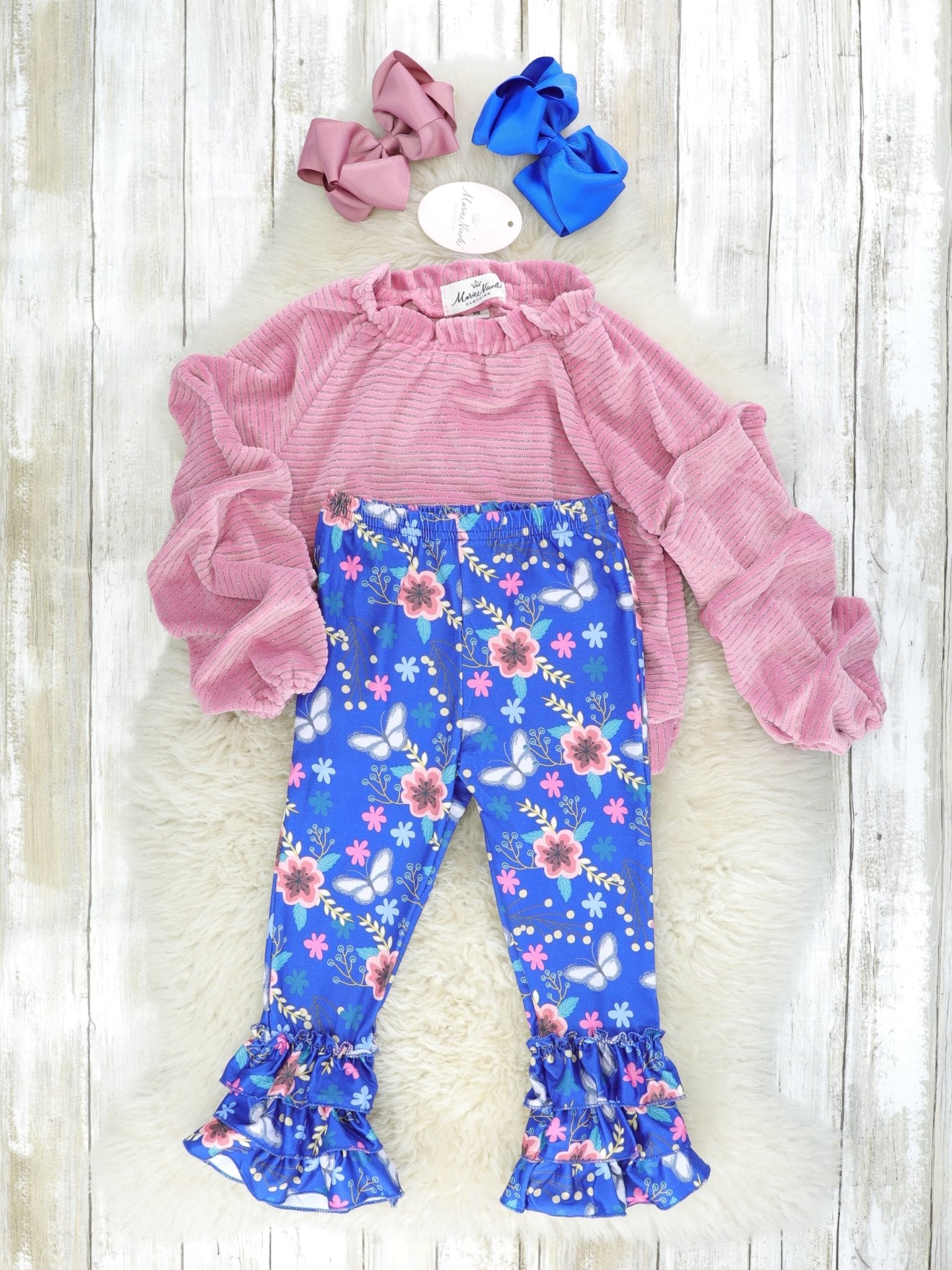 Fuchsia Velvet Tie Top & Floral Ruffle Bottoms Outfit - Marie Nicole Clothing