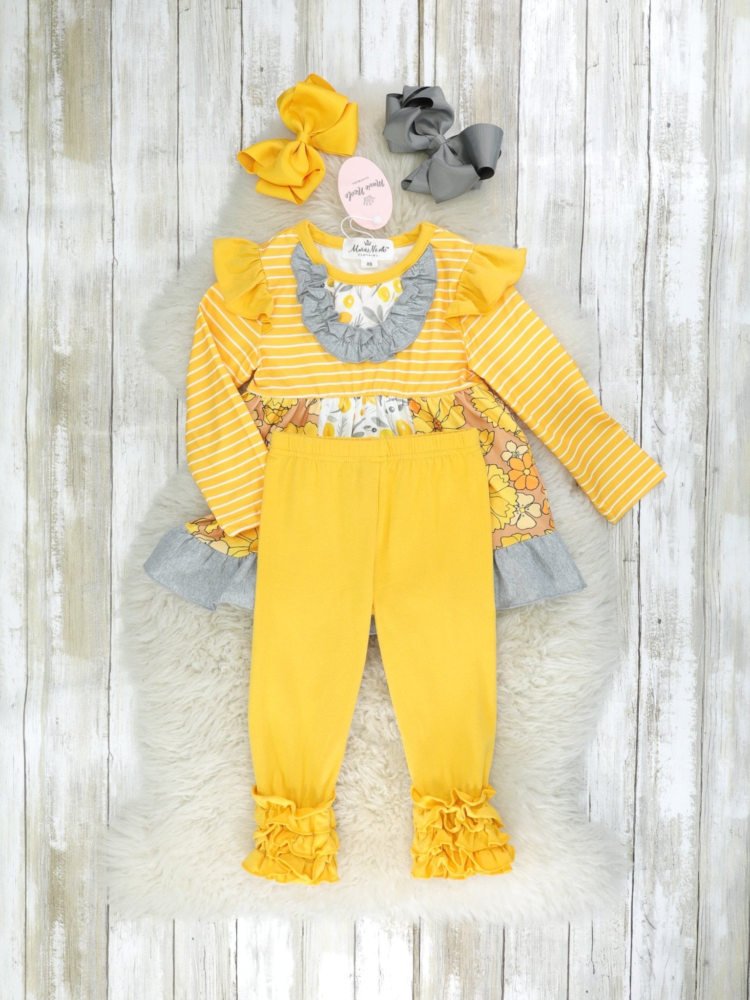 Mustard Floral Raglan Tunic & Icing Ruffle Leggings Outfit - Marie Nicole Clothing