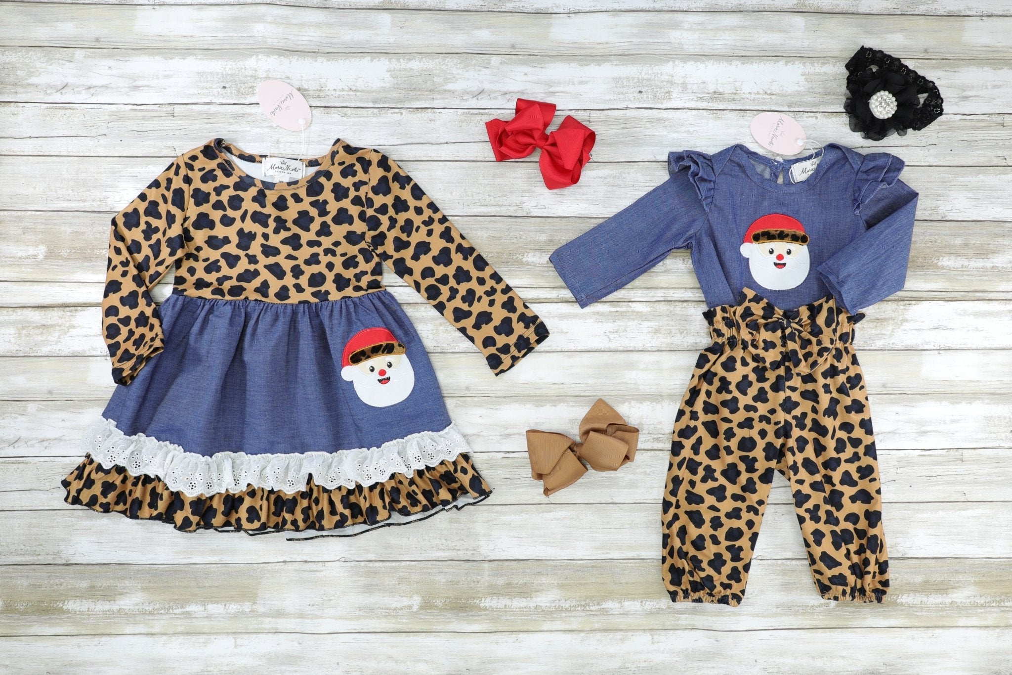 Chambray Leopard Santa Ruffle Dress - Marie Nicole Clothing