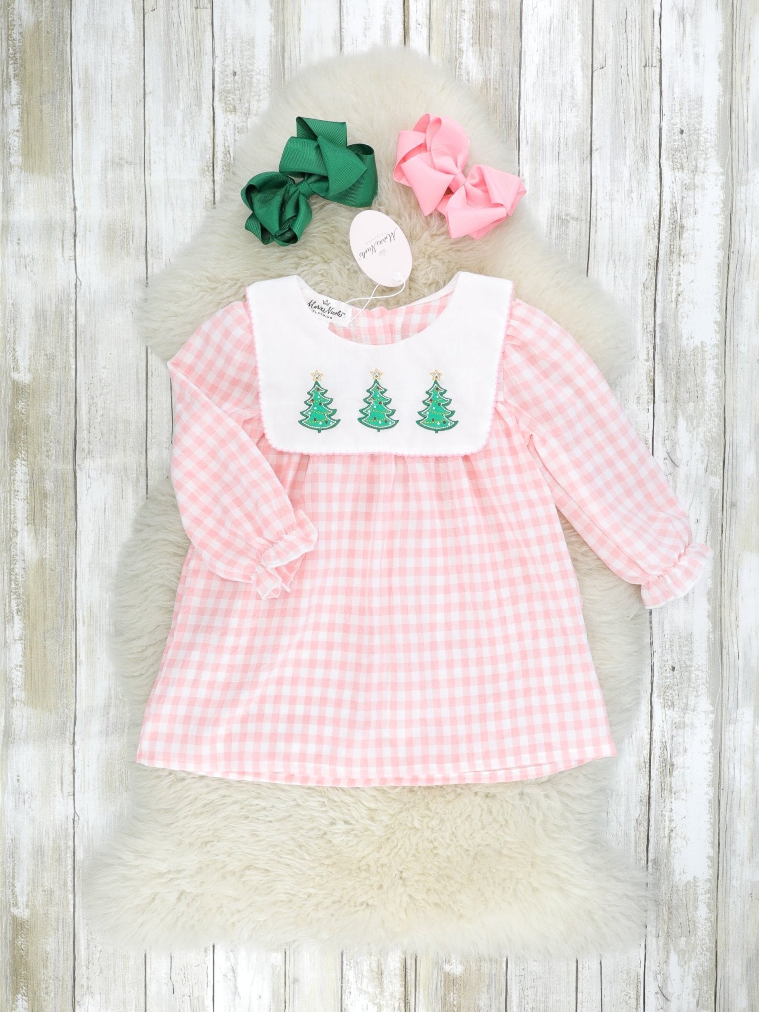 Pink Gingham Christmas Tree Bib Collar Dress - Marie Nicole Clothing
