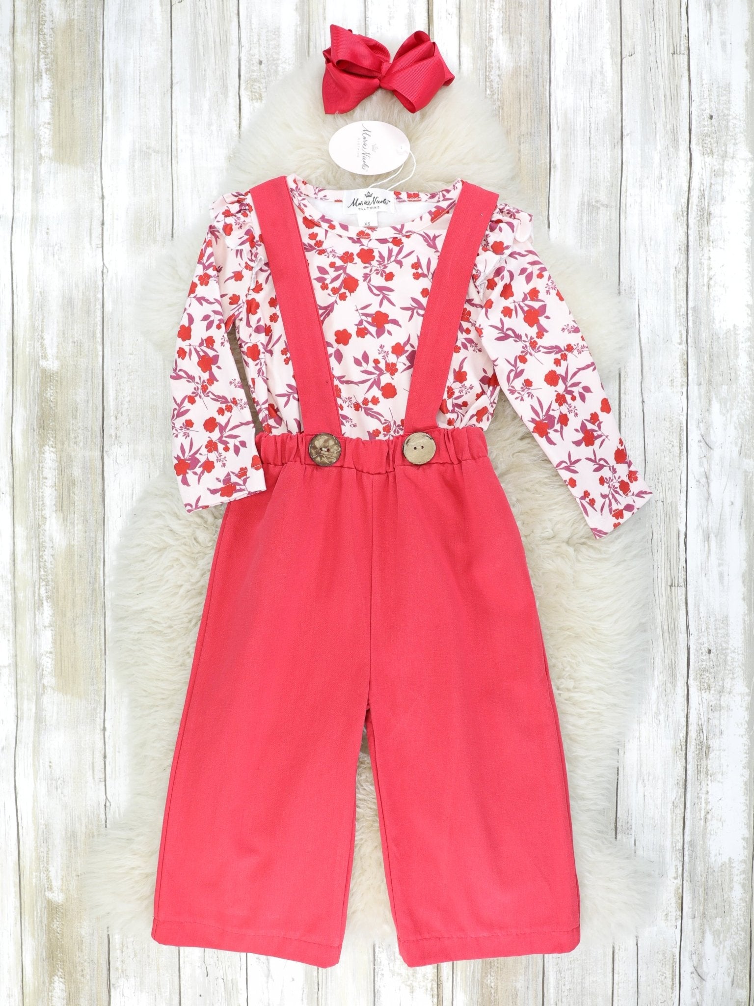 Red Suspender Jumpsuit & Floral Top Outfit - Marie Nicole Clothing