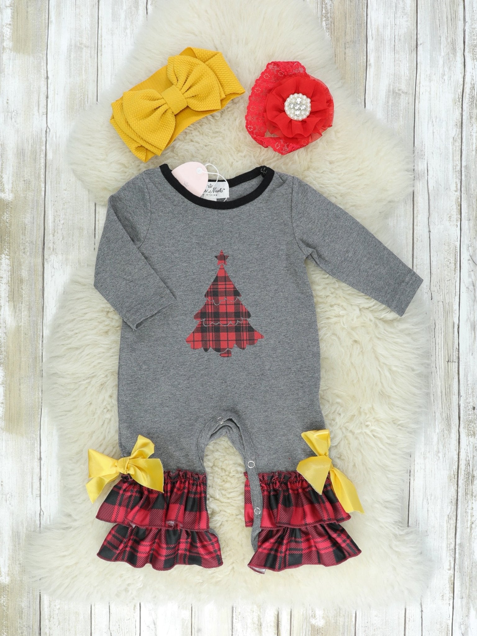 Dark Grey Buffalo Plaid Christmas Tree Ruffle Romper - Marie Nicole Clothing