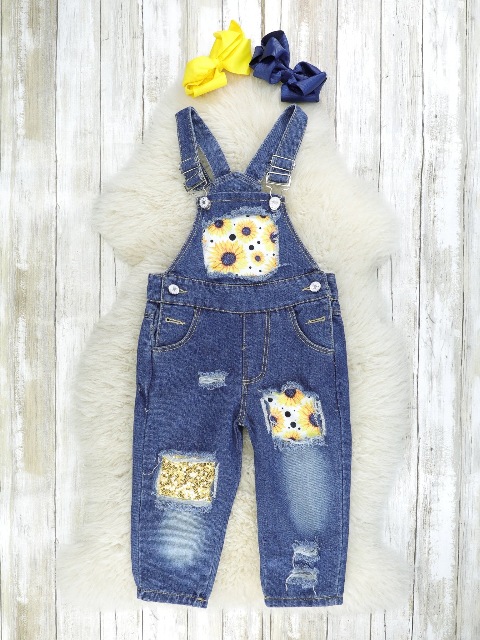 Sunflower Top & Distressed Denim Overall Set - Marie Nicole Clothing