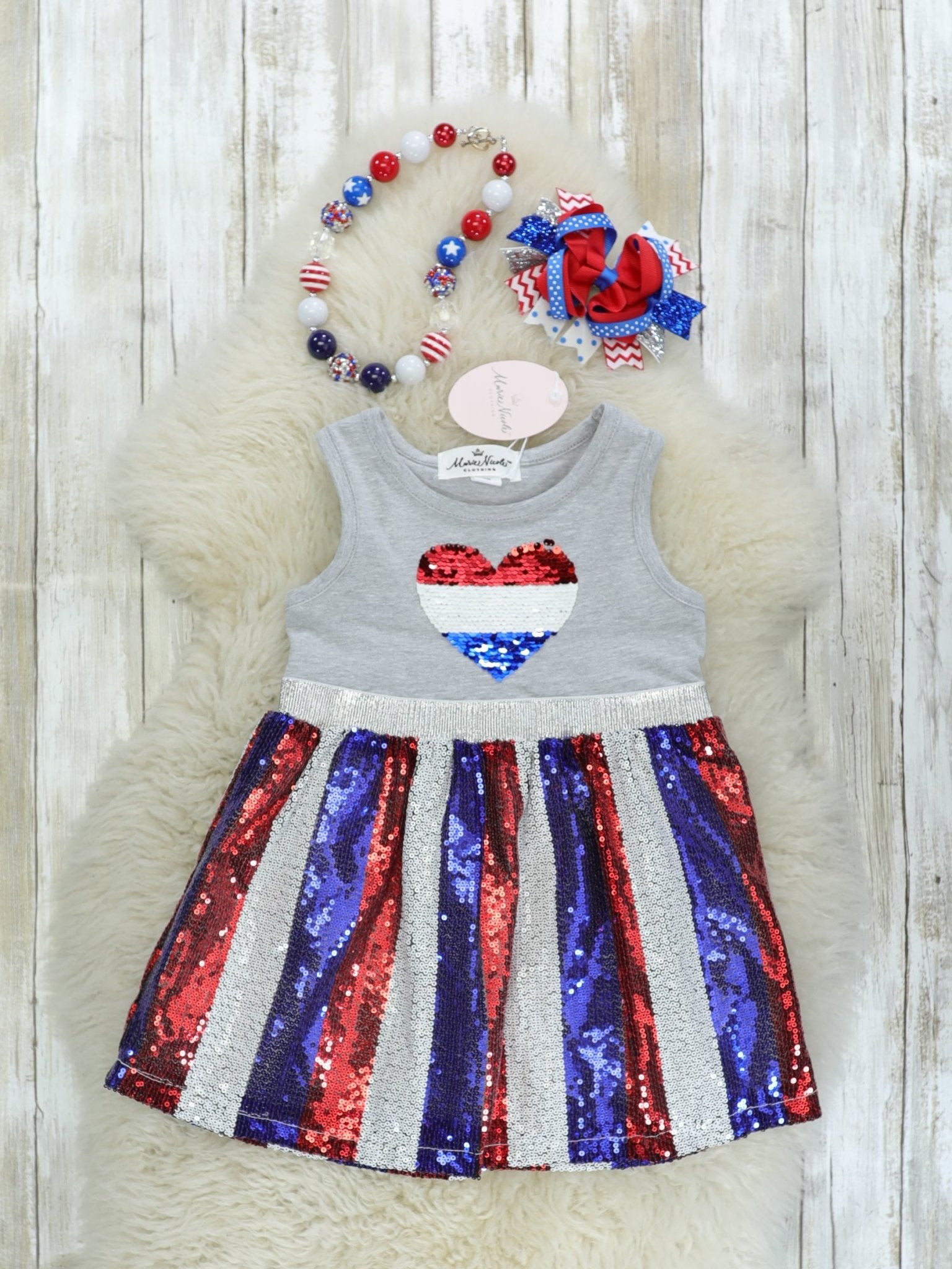 Red, White, & Blue Sequin Heart Dress - Marie Nicole Clothing