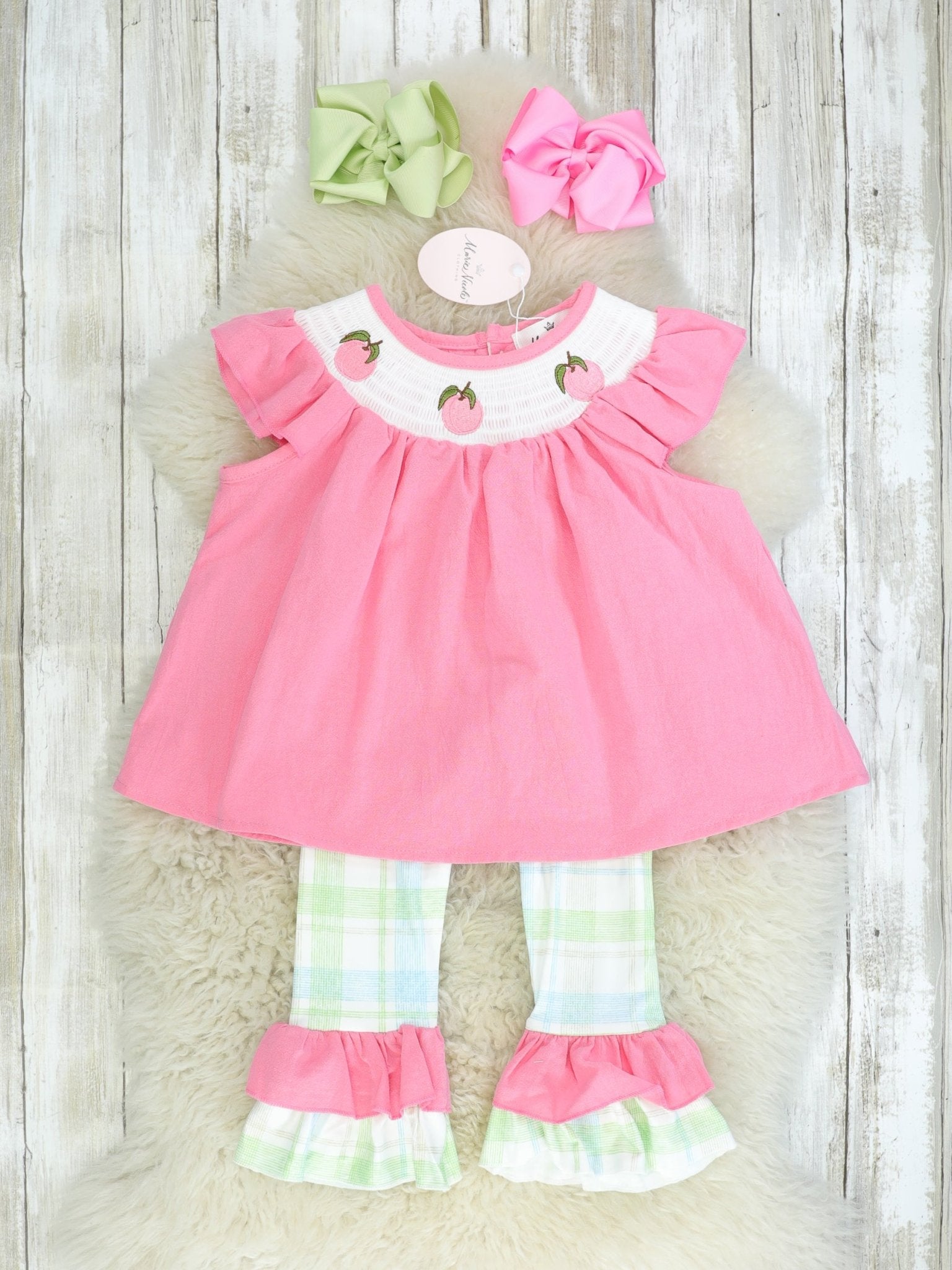 Peach Plaid Smocked Ruffle Outfit - Marie Nicole Clothing