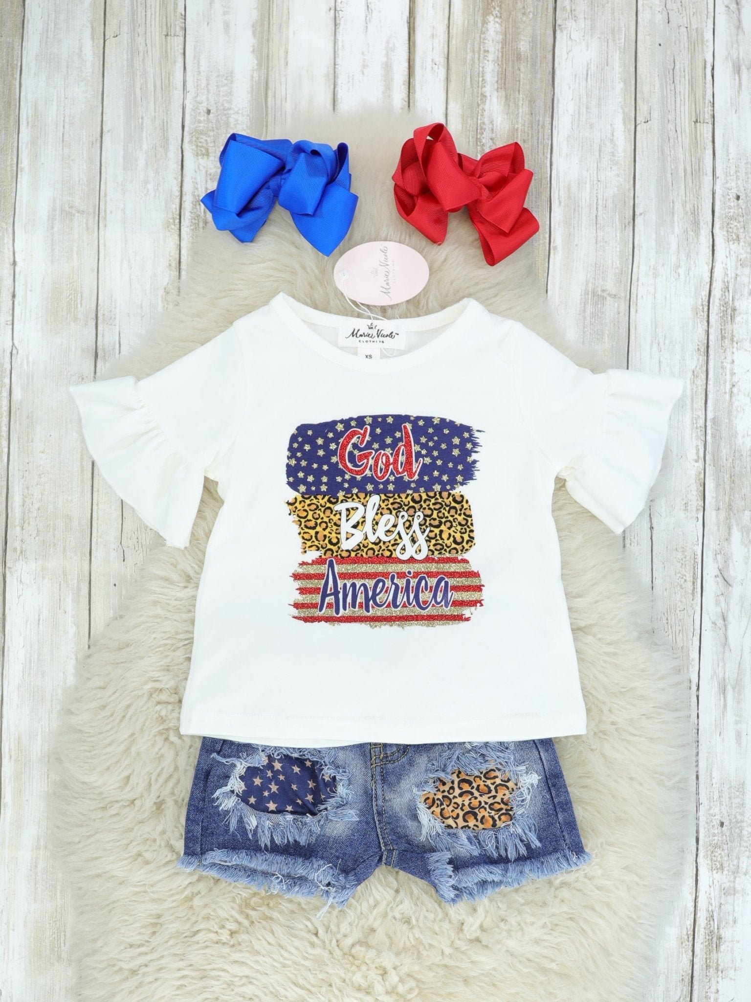 "God Bless America" Ruffle Top & Distressed Denim Outfit - Marie Nicole Clothing