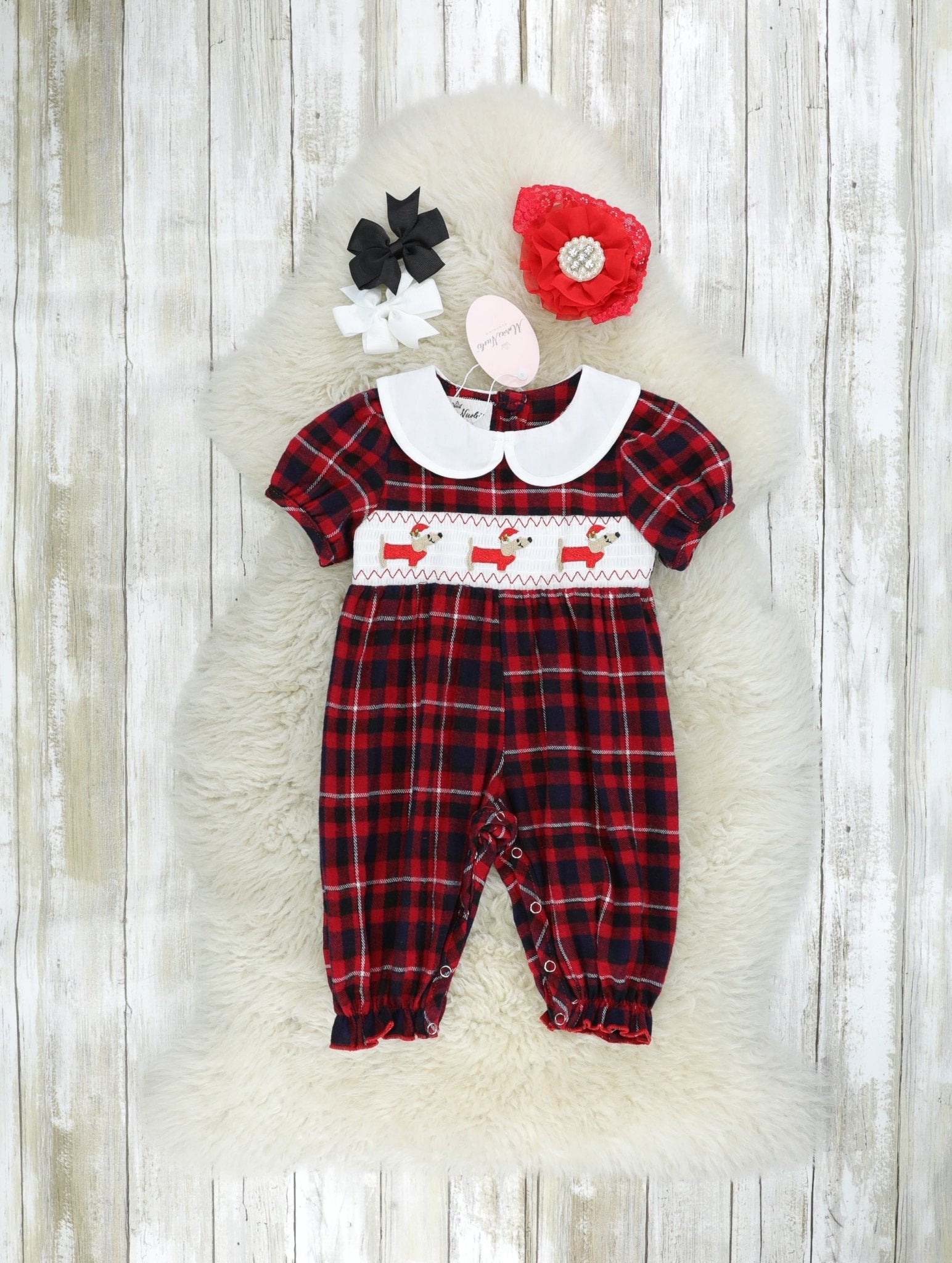 Red Plaid Smocked Dachshund Vintage Romper - Marie Nicole Clothing