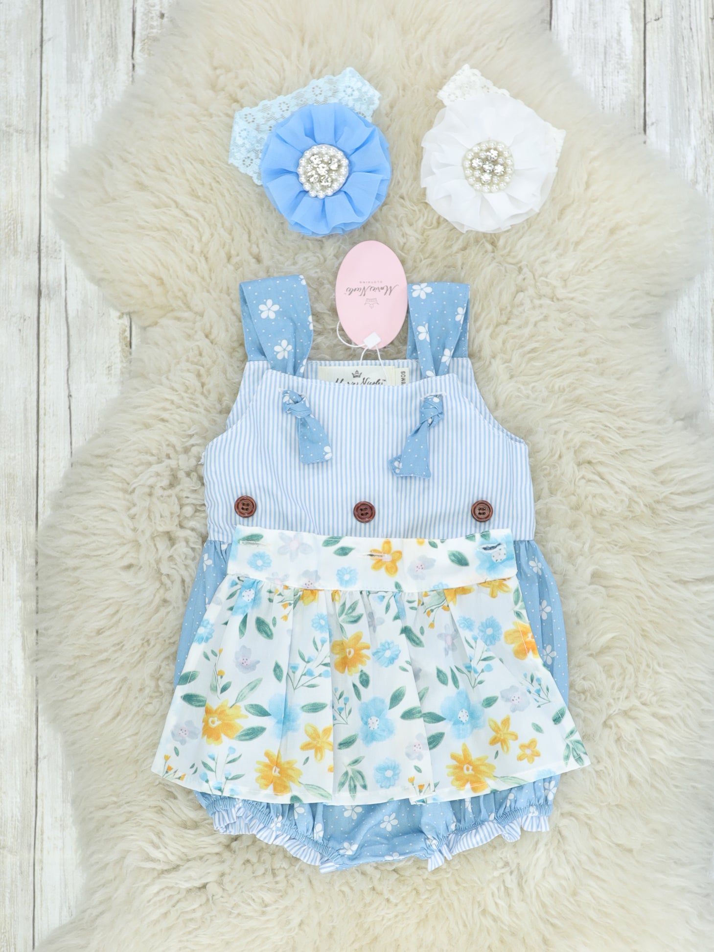 Cornflower Blue Floral Apron Bubble Romper - Marie Nicole Clothing