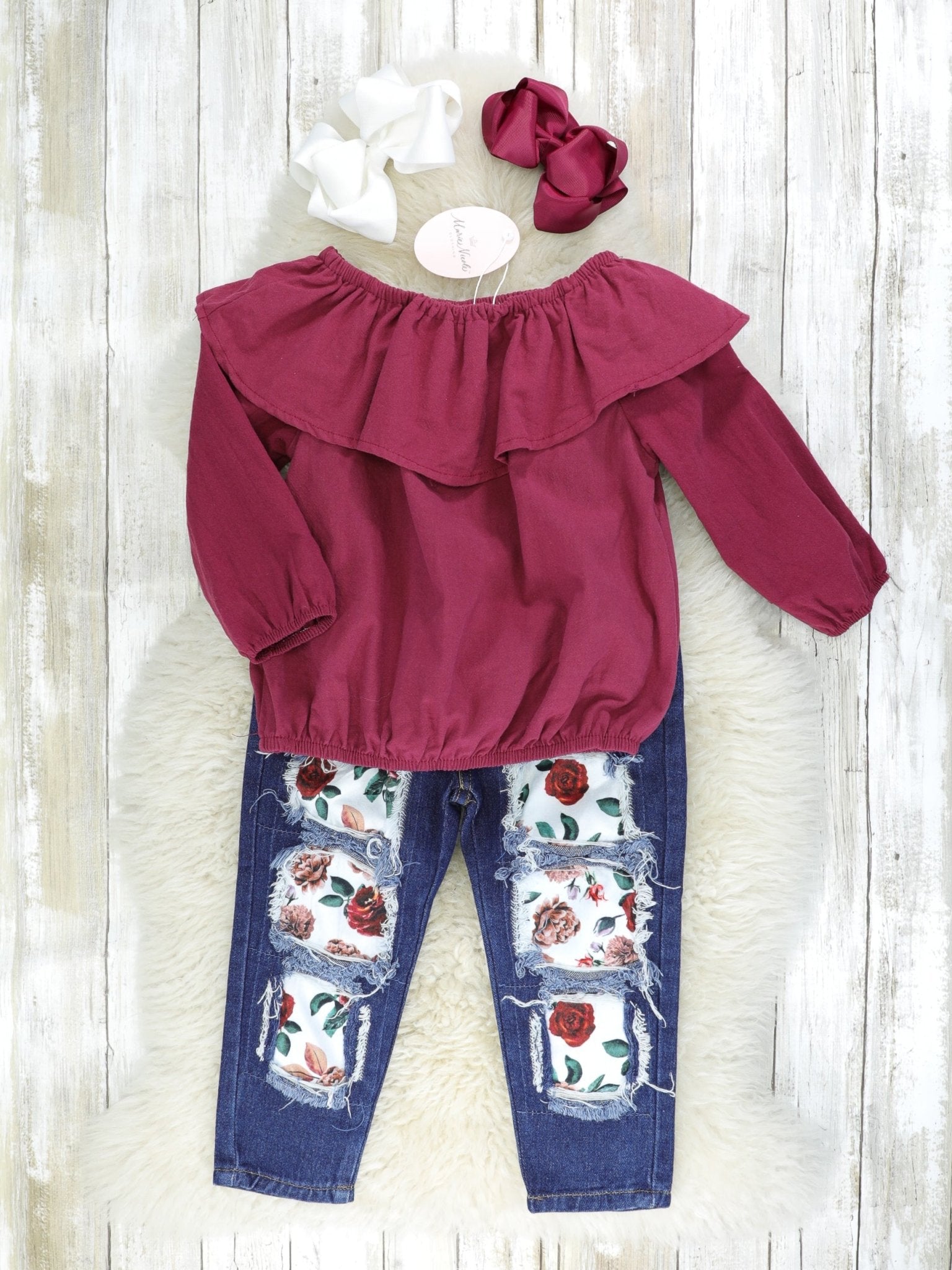 Burgundy Ruffle Neck Blouse & Floral Distressed Denim Outfit - Marie Nicole Clothing