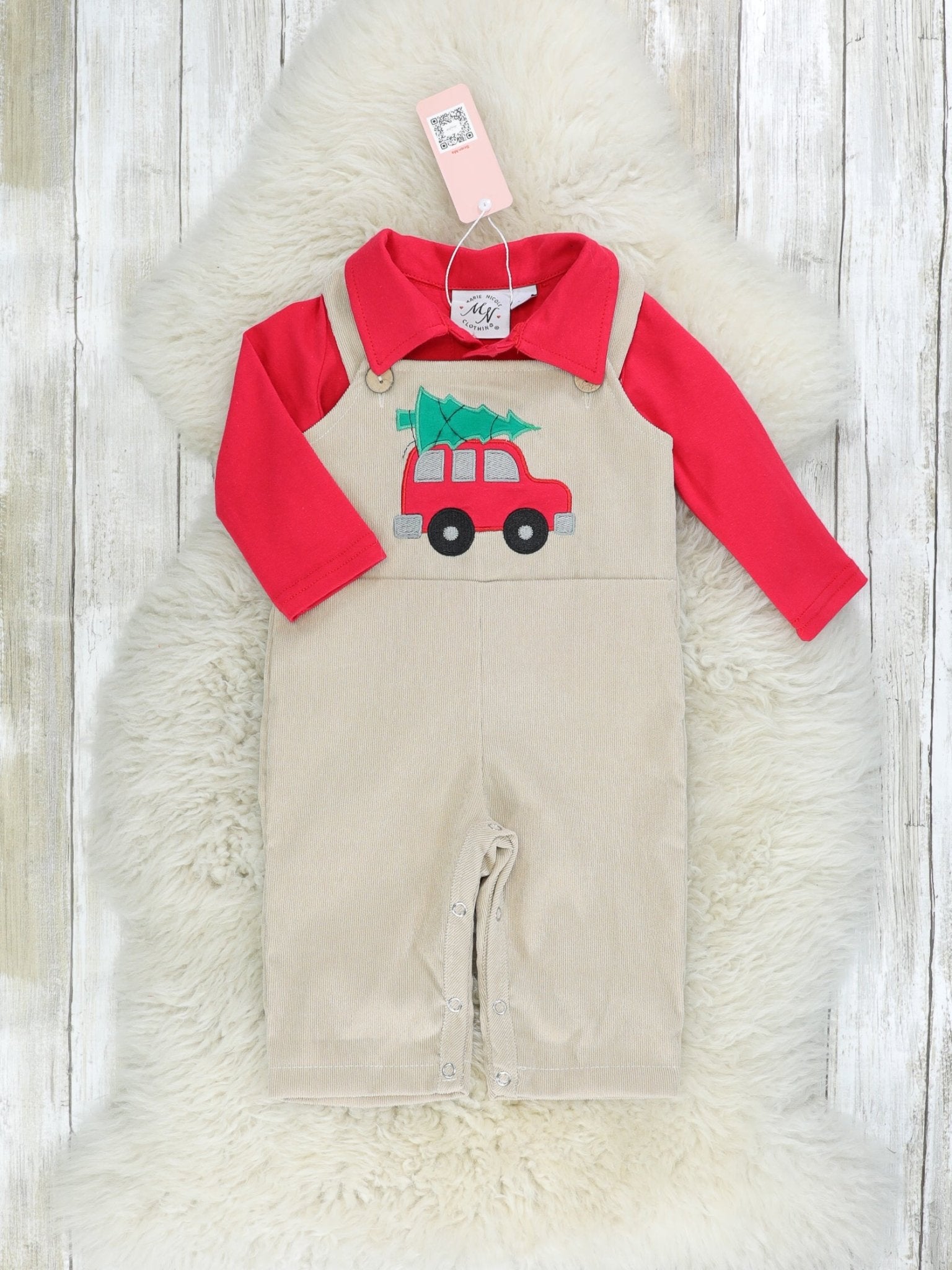 Red Polo & Christmas Tree Overall Outfit - Marie Nicole Clothing
