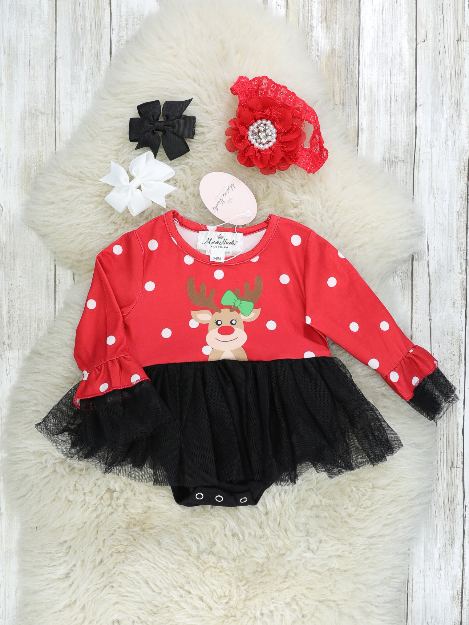 Red Polka Dot Reindeer Tulle Romper - Marie Nicole Clothing