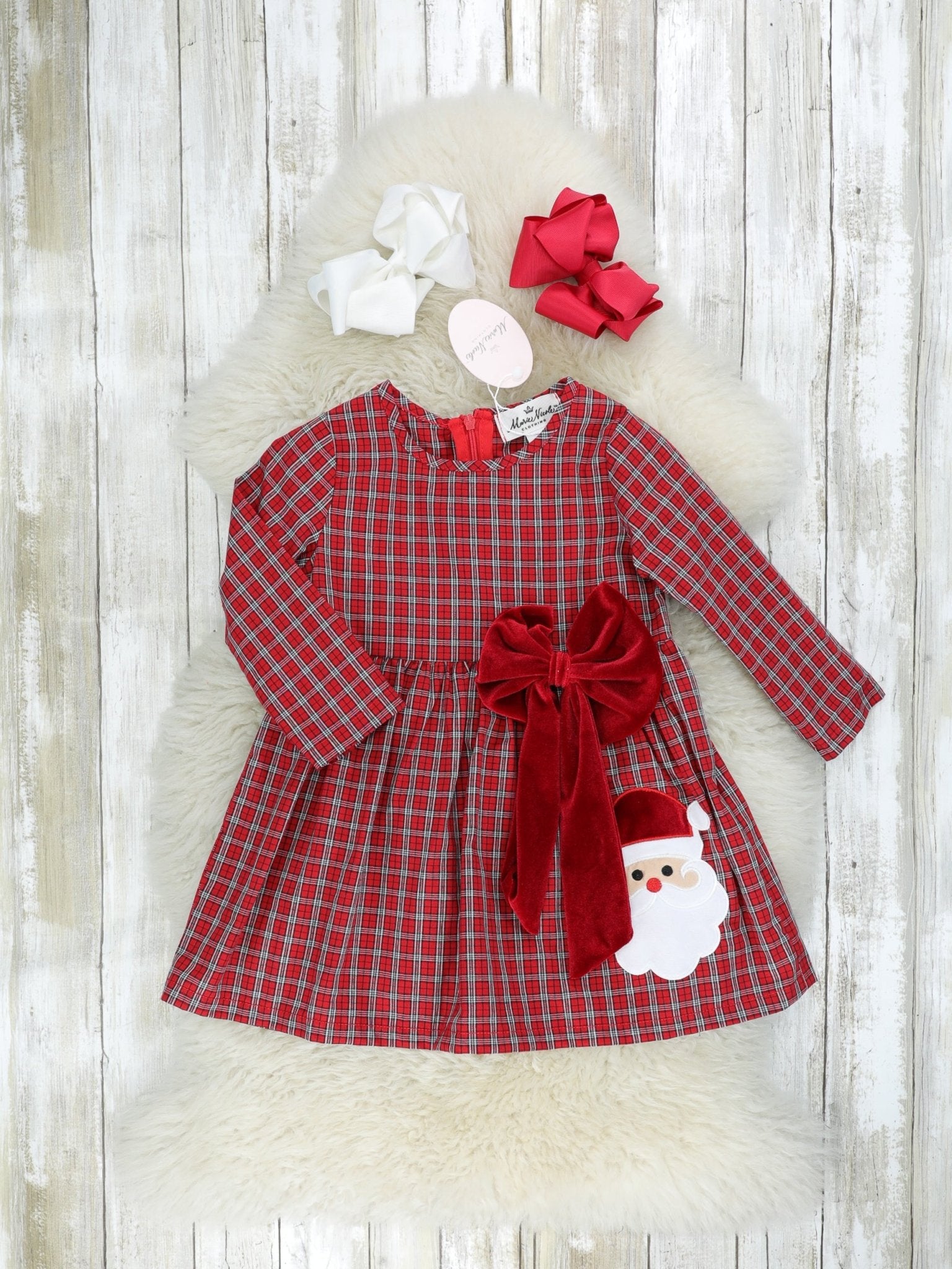 Plaid Santa Velvet Bow Dress - Marie Nicole Clothing