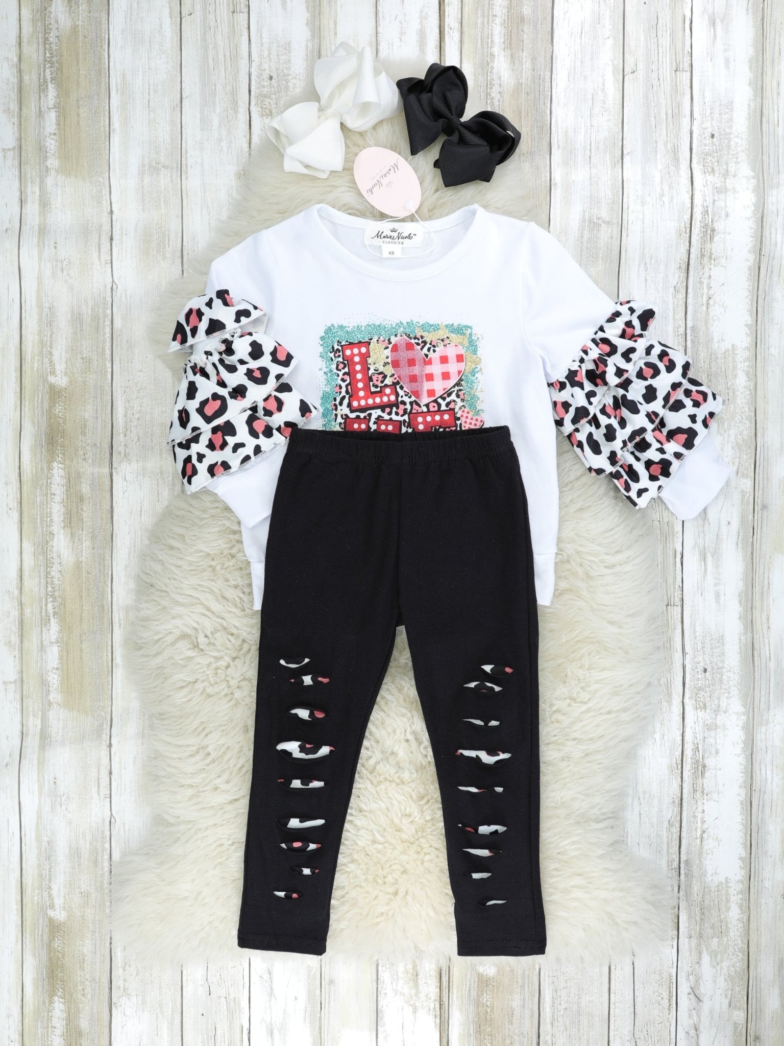 Leopard "LOVE" Ruffle Top & Distressed Bottoms Outfit - Marie Nicole Clothing