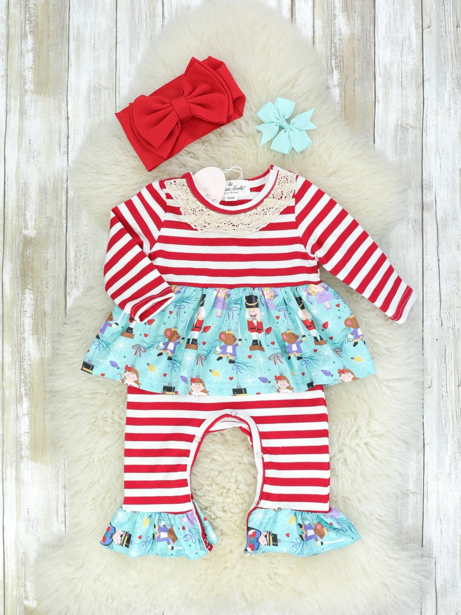 Red & White Striped Nutcracker Dressy Romper - Marie Nicole Clothing