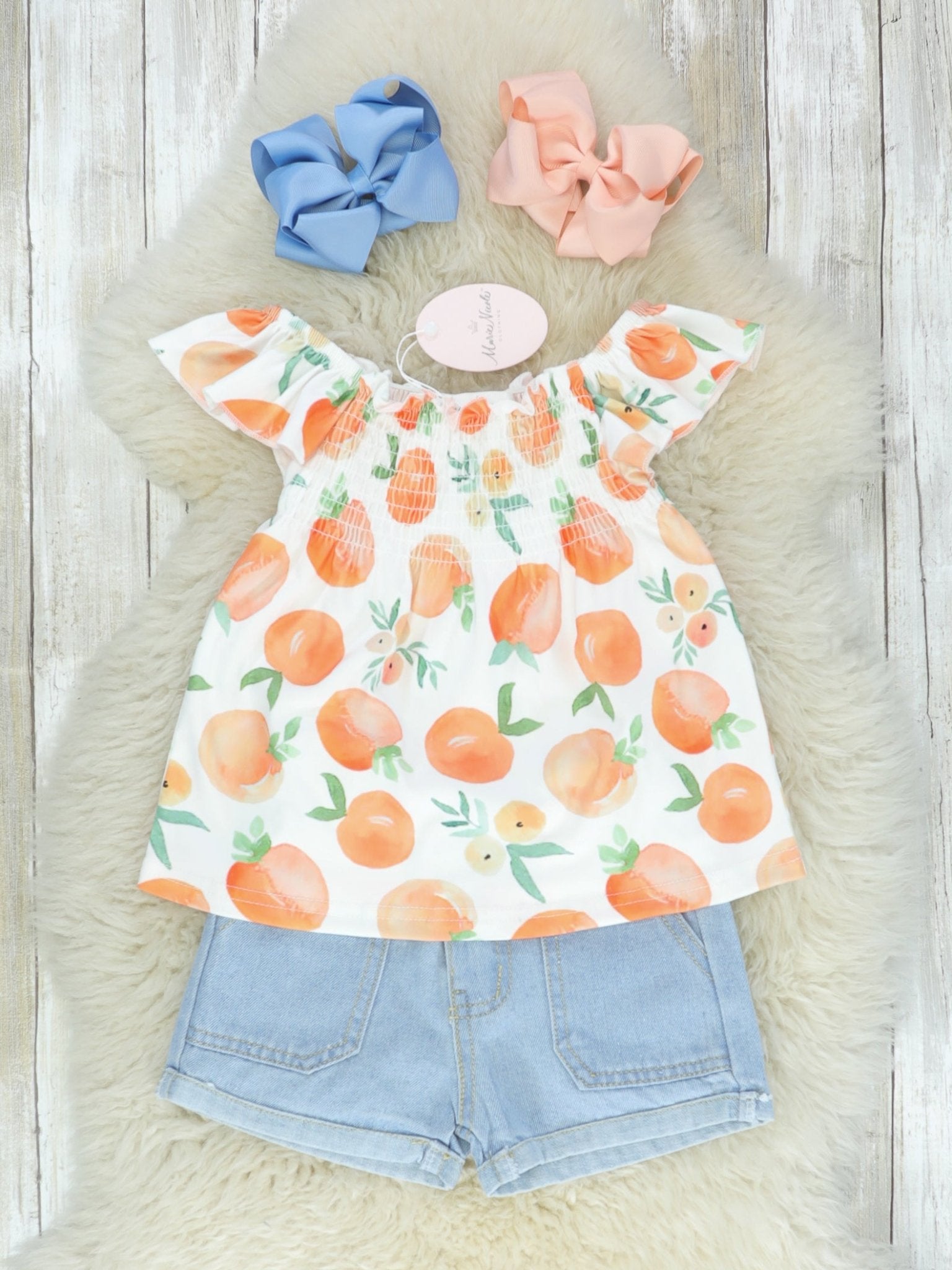 Mandarin Oranges Ruffle Top & Denim Shorts Outfit - Marie Nicole Clothing