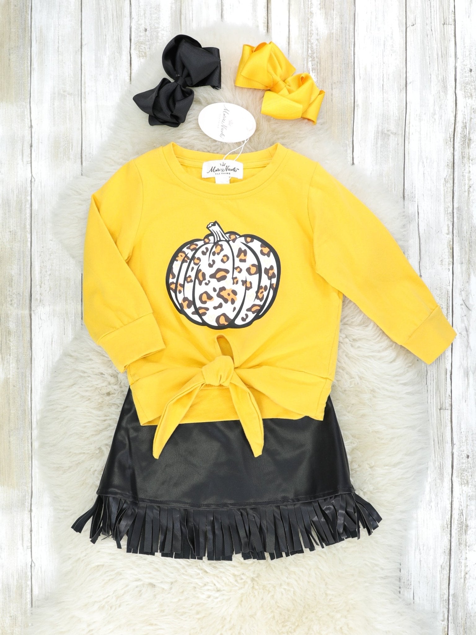 Yellow Leopard Pumpkin Top & Fringe Leather Skirt Outfit - Marie Nicole Clothing