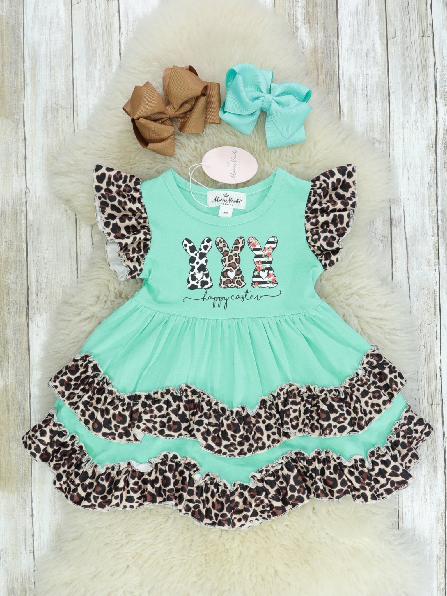 Mint Leopard Bunnies Ruffle Dress - Marie Nicole Clothing