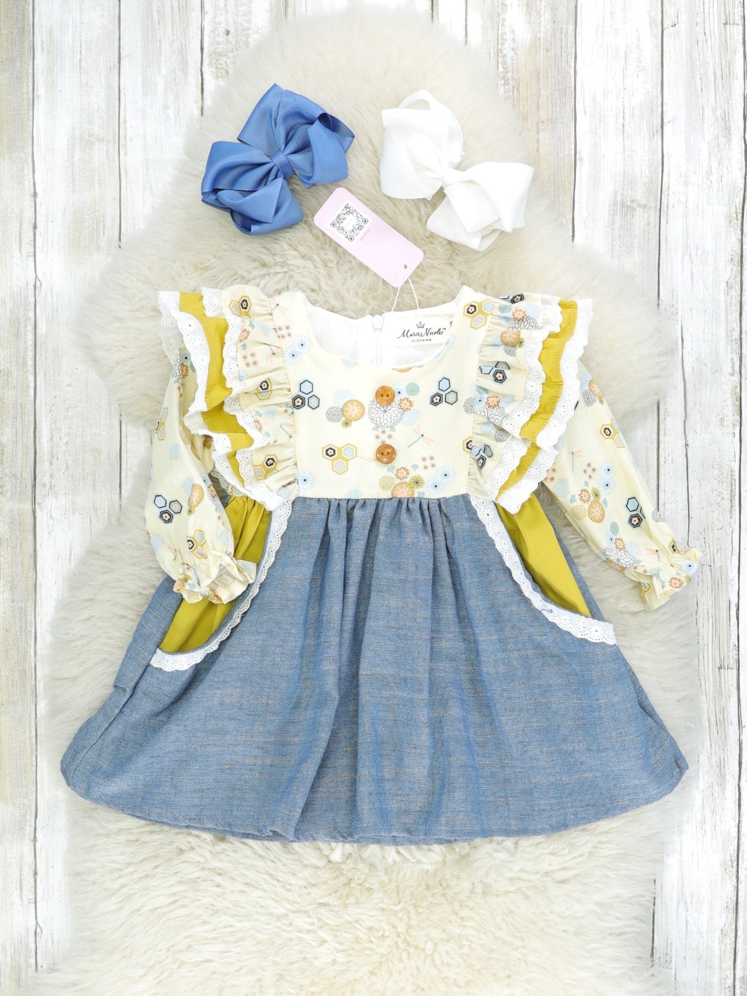 Pale Yellow Chambray Ruffle Pocket Dress - Marie Nicole Clothing