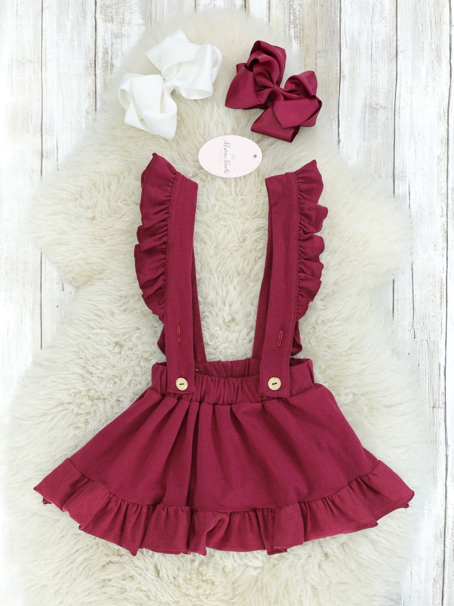 Burgundy & White Suspender Skirt Set - Marie Nicole Clothing