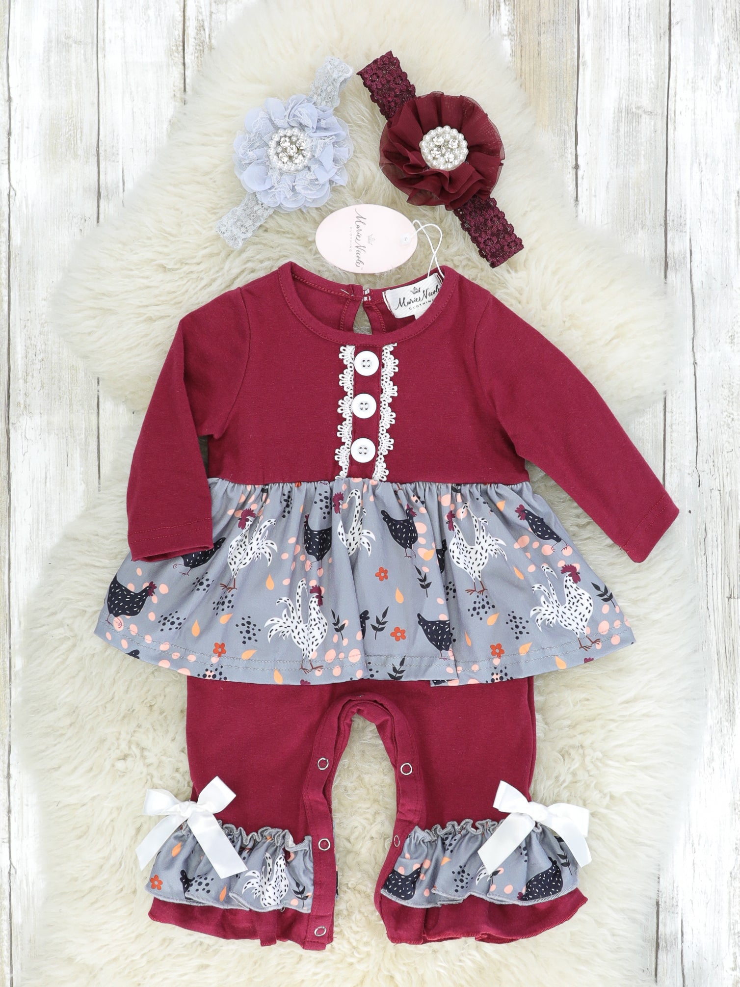 Maroon & Grey Chicken Ruffle Romper - Marie Nicole Clothing