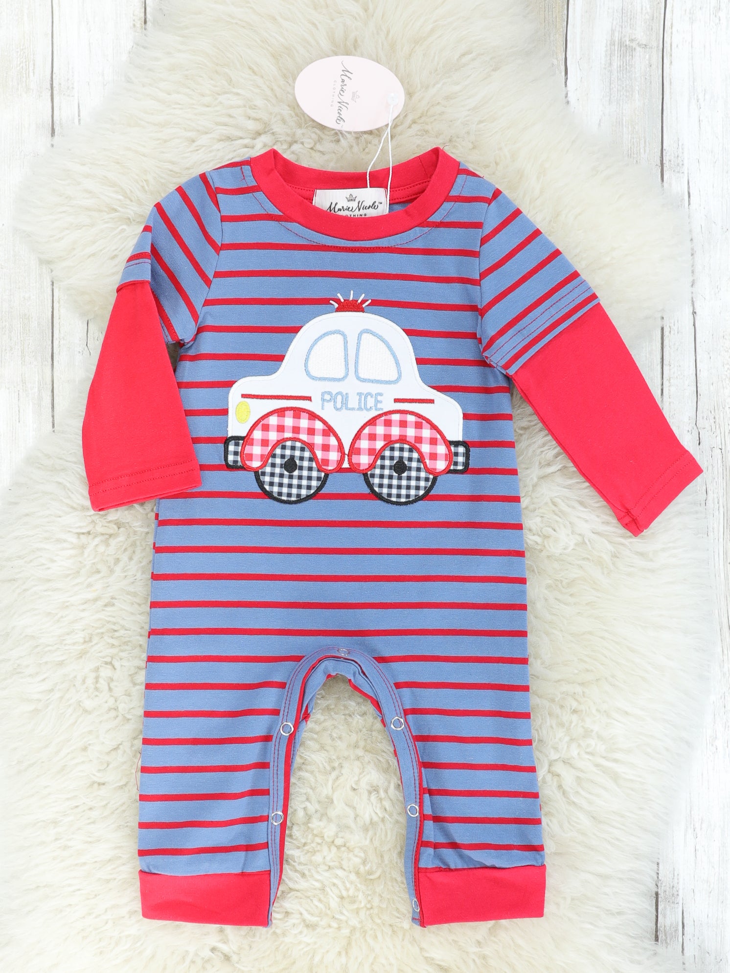 Blue & Red Striped Police Car Romper - Marie Nicole Clothing