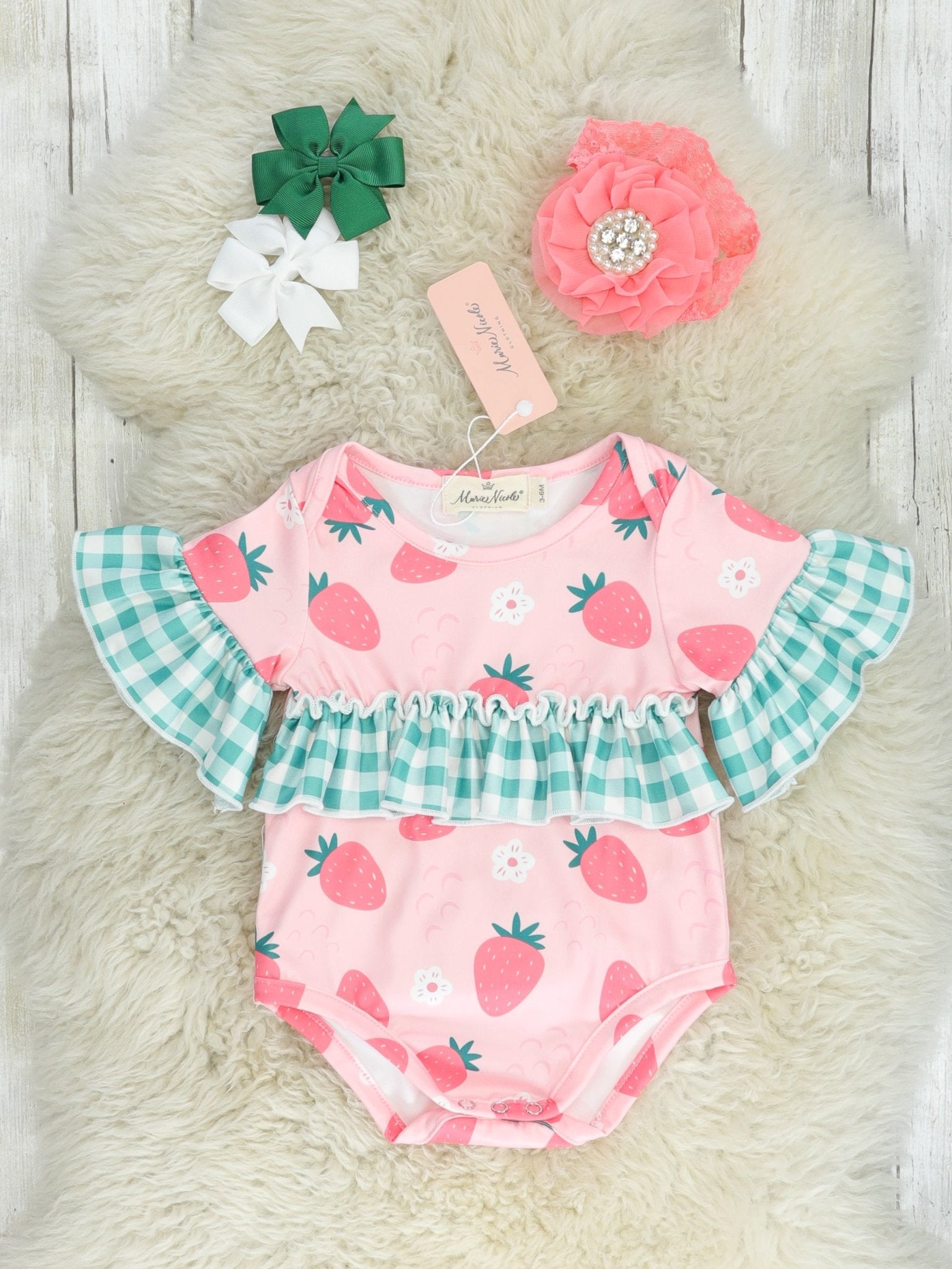 Green Gingham Strawberry Ruffle Bubble Romper - Marie Nicole Clothing