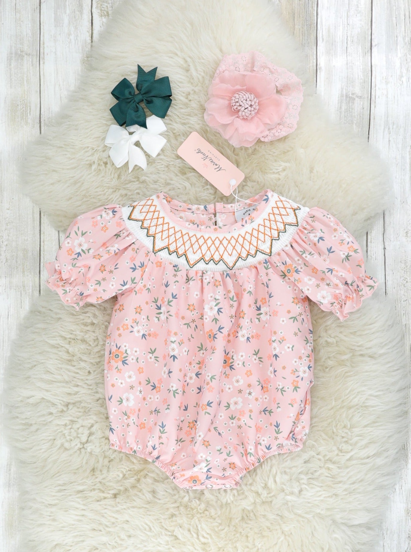 Pink Smocked Floral Romper - Marie Nicole Clothing