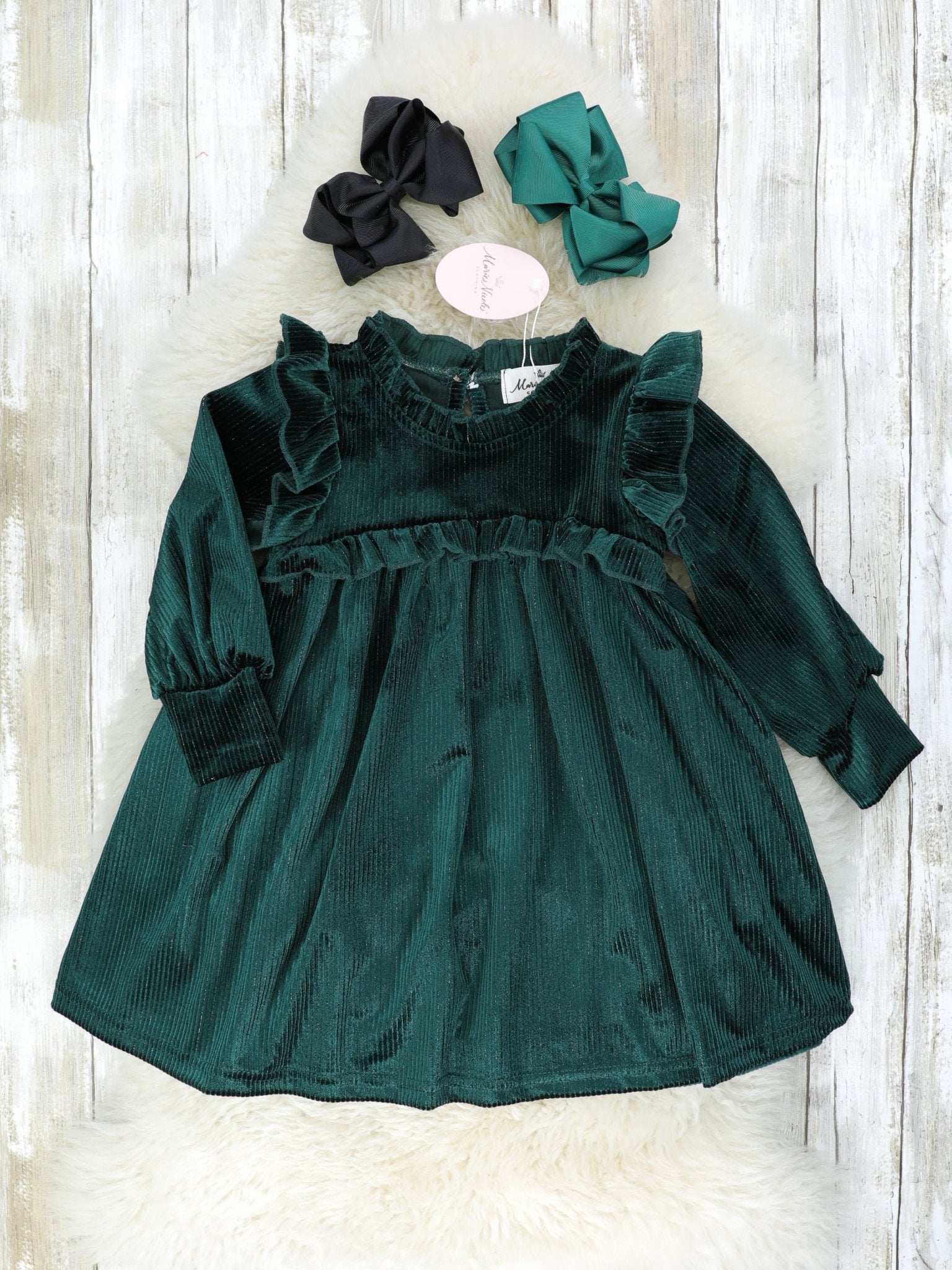 Ribbed Dark Green Velvet Ruffle Dress - Marie Nicole Clothing