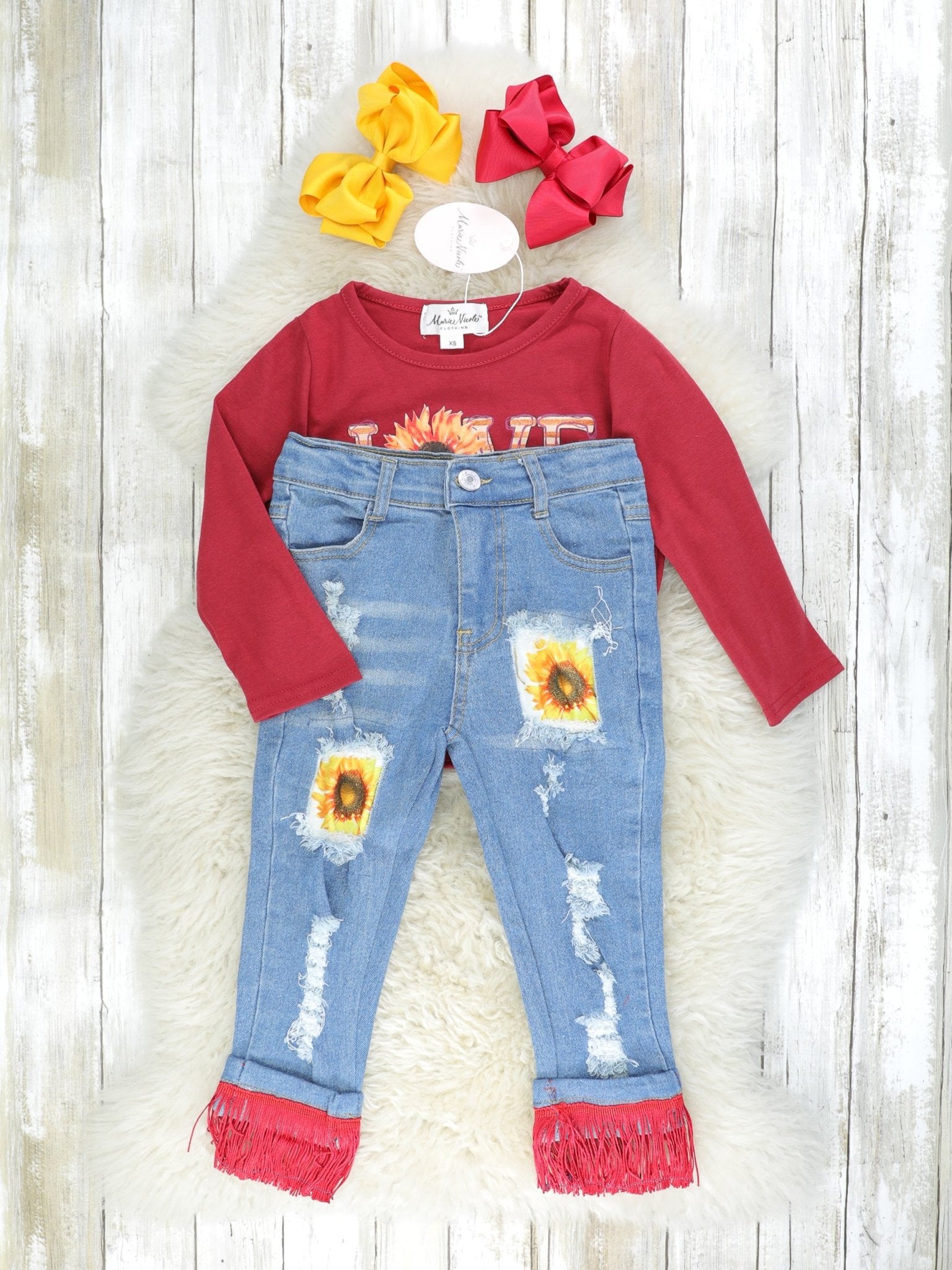 "Love Like Jesus" Sunflower Top & Fringe Denim Outfit - Marie Nicole Clothing