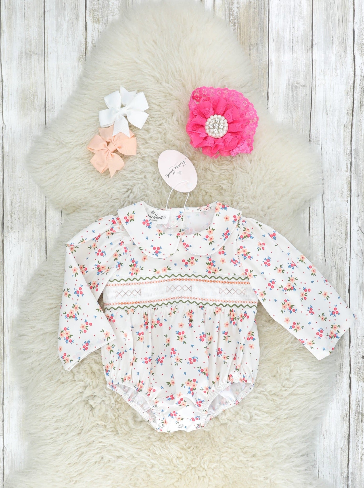 Pink Daisy Smocked Bubble Romper - Marie Nicole Clothing